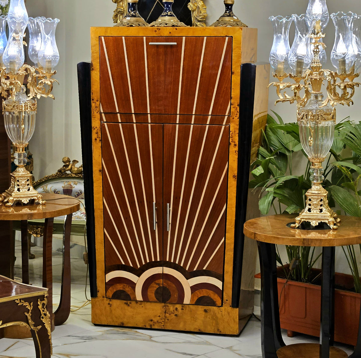 Art Deco Birdseye Maple & Black Cabinet – Geometric Sunburst Inlay, Two-Door Storage & Deco Design