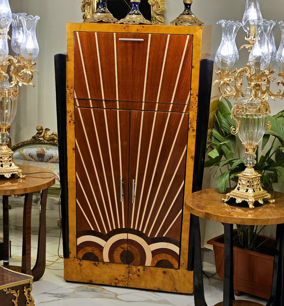 Art Deco Birdseye Maple & Black Cabinet – Geometric Sunburst Inlay, Two-Door Storage & Deco Design
