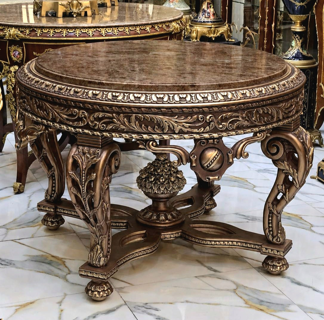 Grand French-Style Center Table – Ornate Bronze Base with Gold Leaf Details & Marble Top