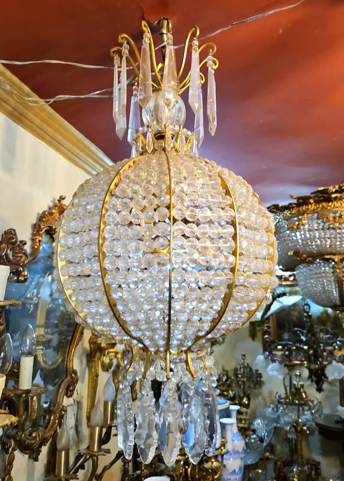 Celestial Crystal Orb Chandelier – Gilded Gold Leaf Frame with Cascading Crystal Drops