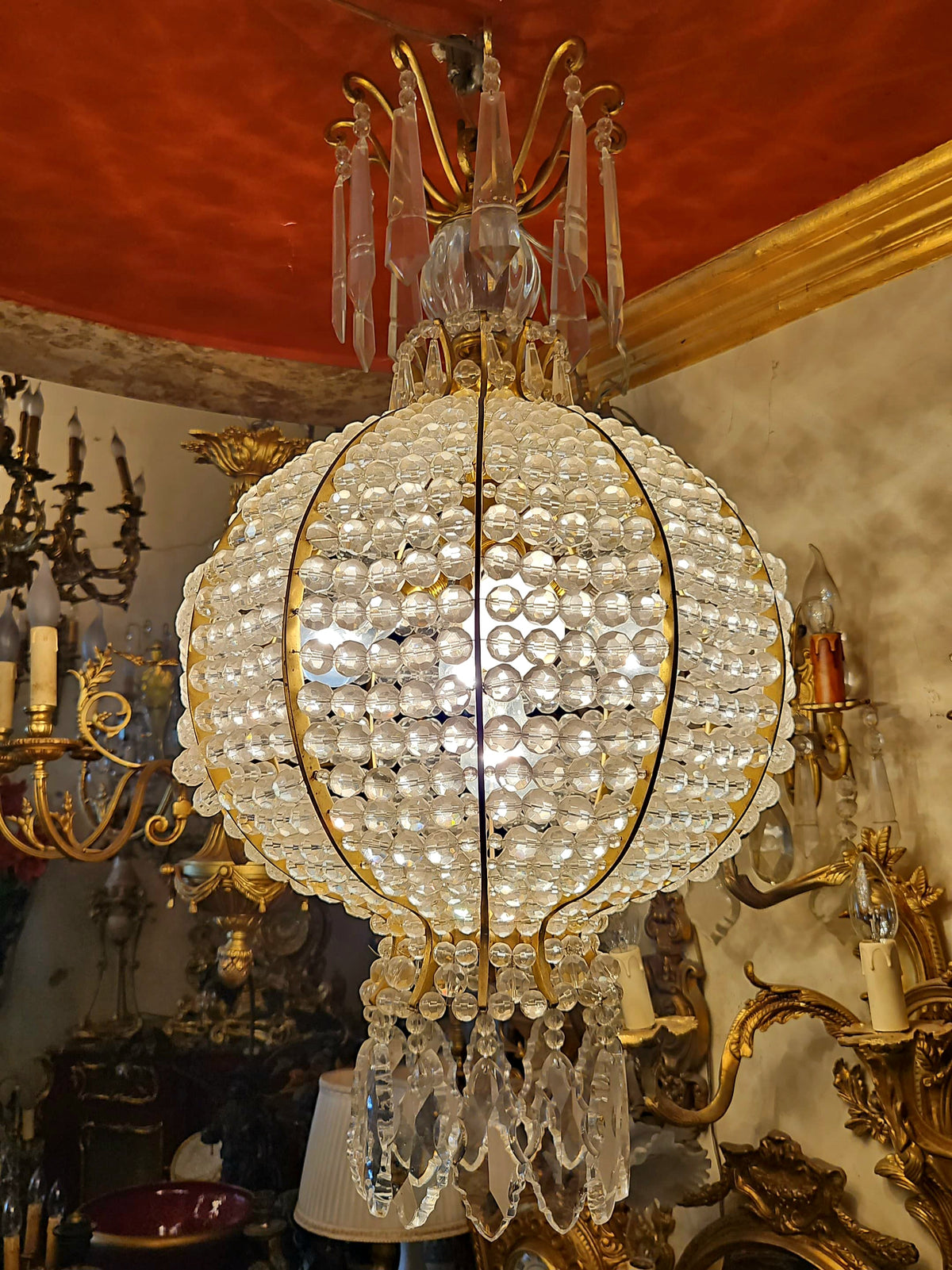 French-Style Crystal Orb Chandelier – Circular Gilded Frame with Gold Leaf & Cascading Crystal