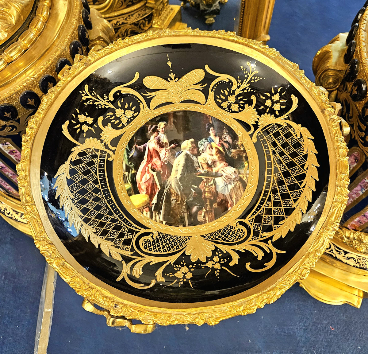 French-Inspired Ornate Side Table – Midnight Blue Decorative Top with Gold Leaf & Gilded Bronze Details