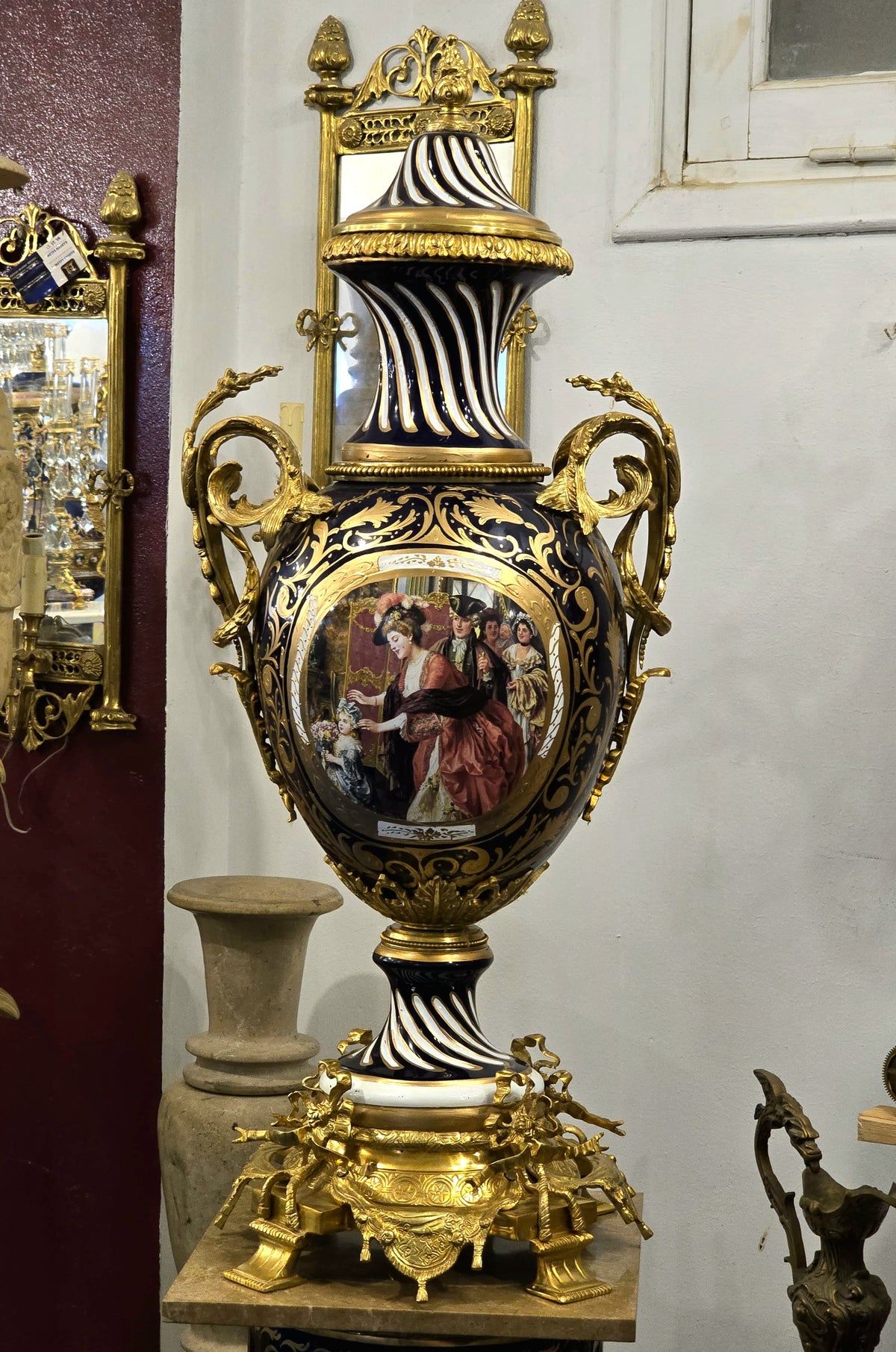 Ornate Navy Blue Porcelain Vase – Romantic European Scene with Gilded Gold & Bronze Details