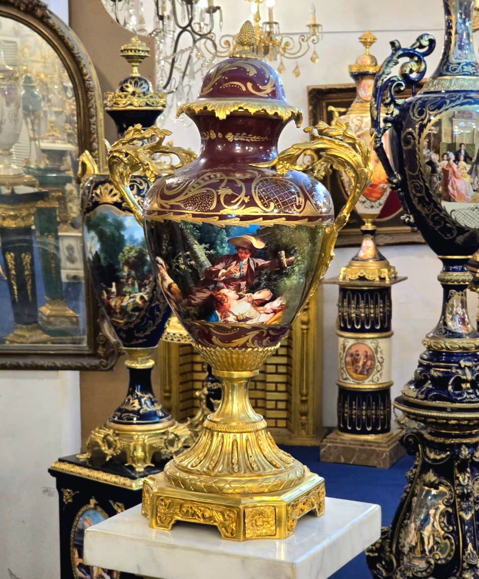 Ornate French-Inspired Burgundy Porcelain Vase – Romantic Figurative Scene with Gilded Gold & Bronze Accents