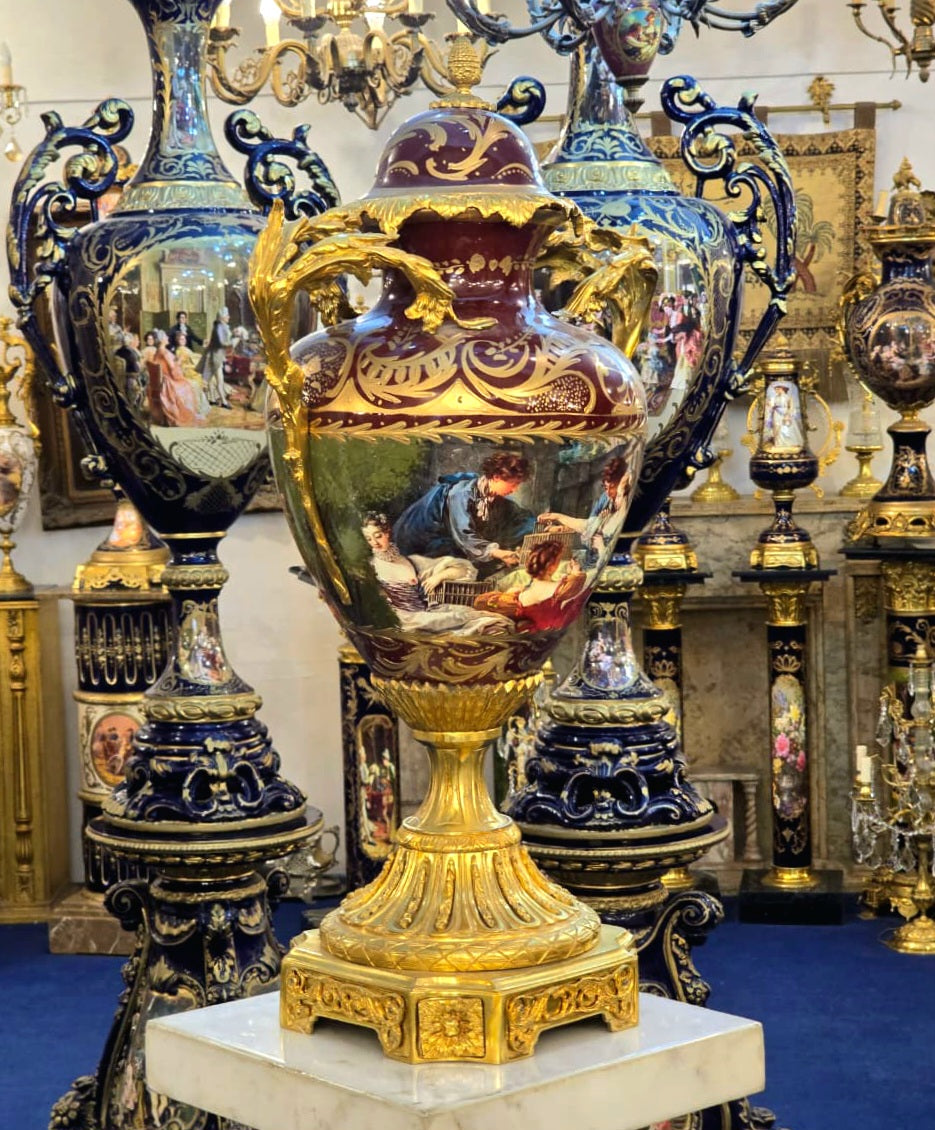 French-Style Burgundy Porcelain Vase – Romantic Scenic Panel with Gold Leaf & Bronze Details