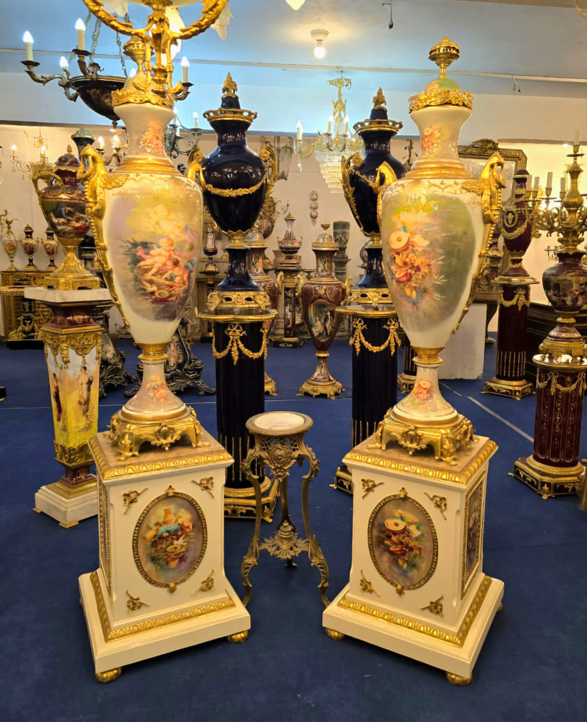 French-Style Porcelain Vase & Pedestal Set – Hand-Painted Scenic Details with Gold Leaf & Bronze