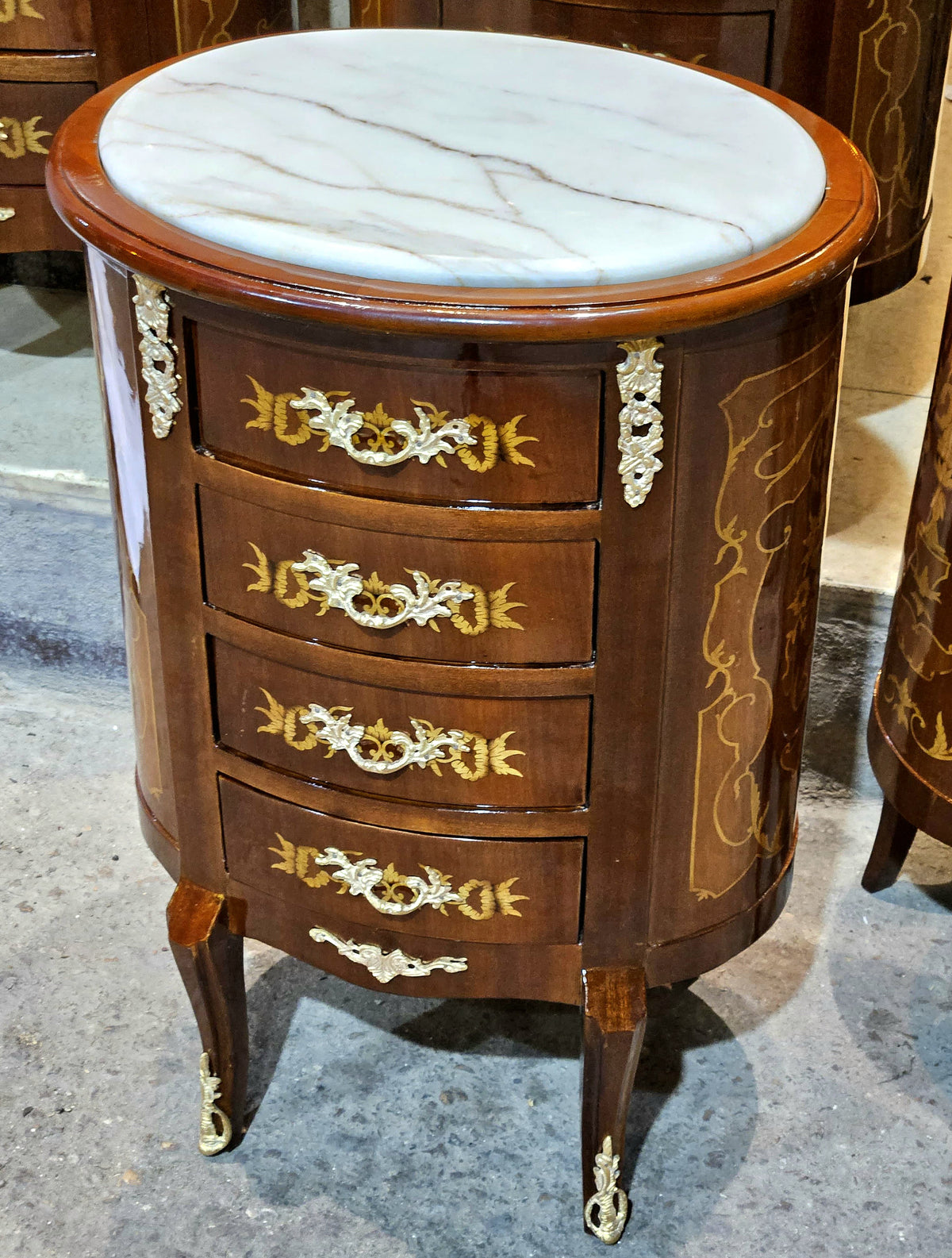 French-Style Petite Commode – Curved Wood Cabinet with Marble Top & Gilded Bronze Details