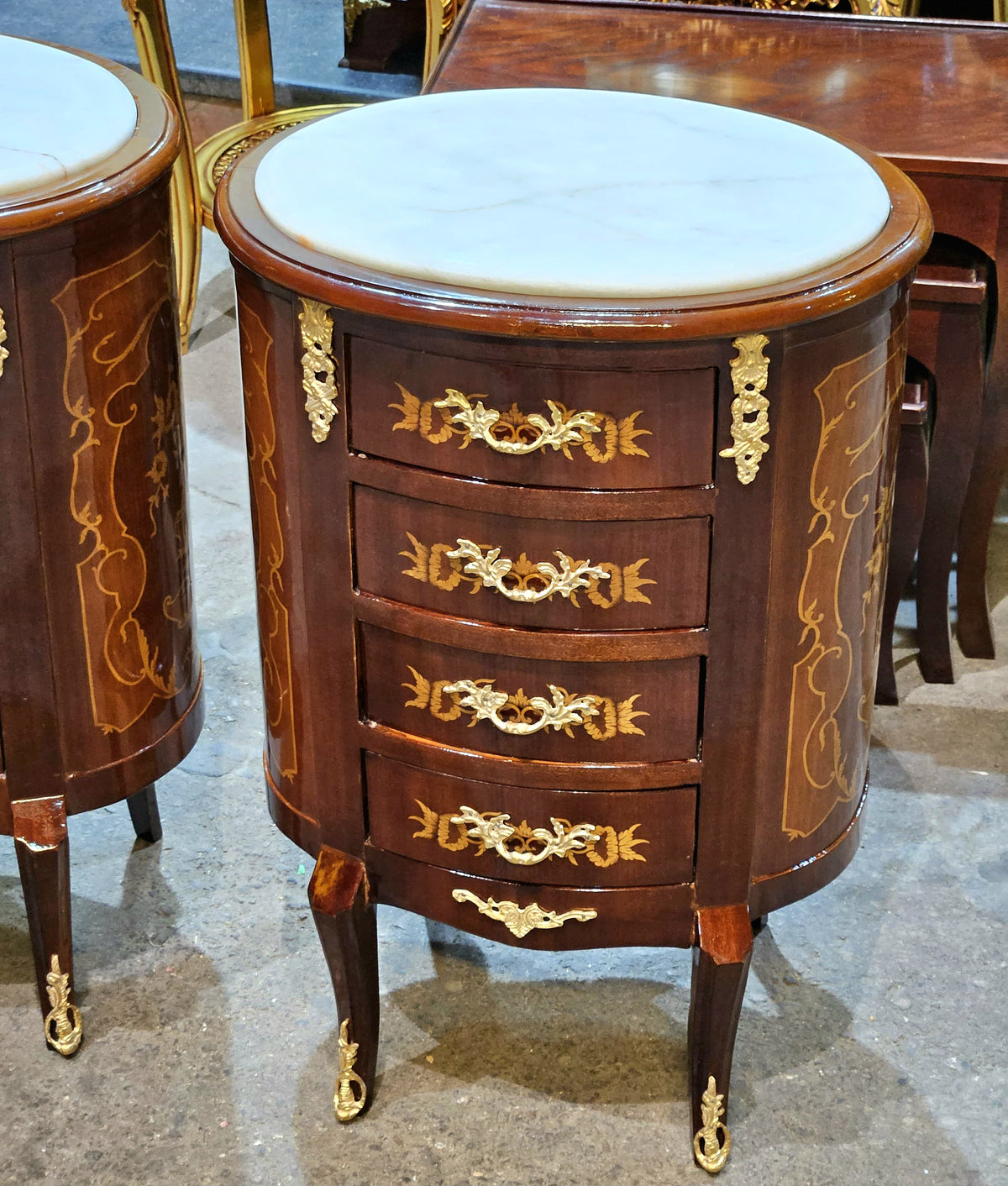 French-Style Petite Commode – Curved Wood Cabinet with Marble Top & Gilded Bronze Details