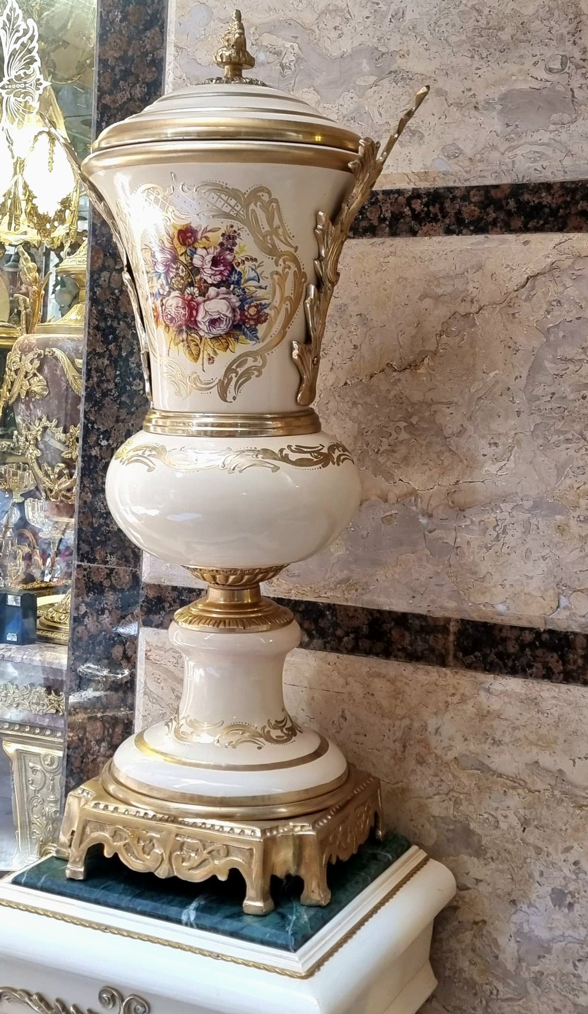 French-Style Marble Pedestal with Decorative Porcelain Vase – Gold & Silver Leaf Details