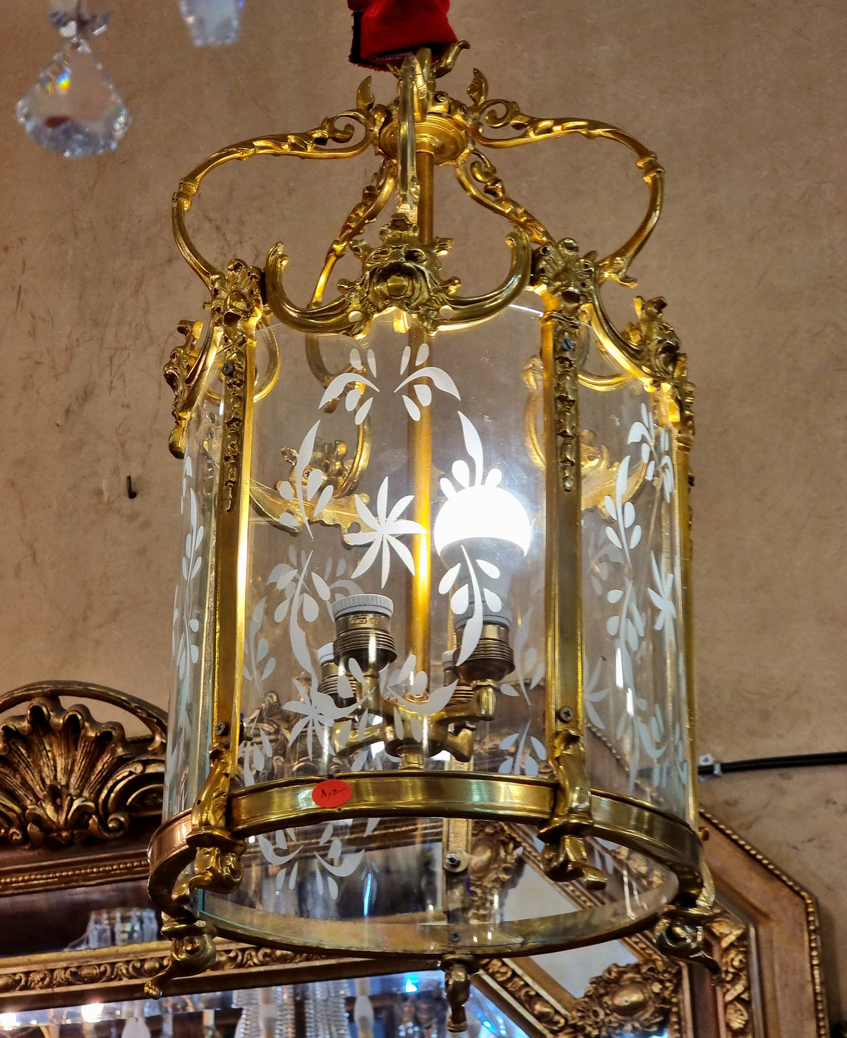 French Empire-Style Gilded Lantern Chandelier – Ornate Bronze Frame, Gold Leaf Details & Glass Panels
