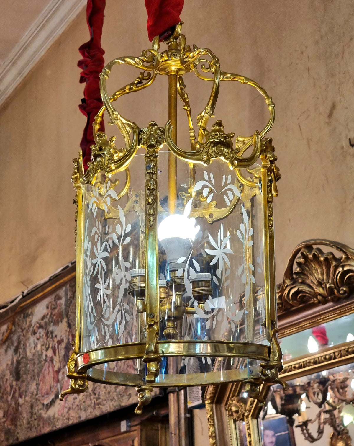 French Empire-Style Gilded Lantern Chandelier – Ornate Bronze Frame, Gold Leaf Details & Glass Panels