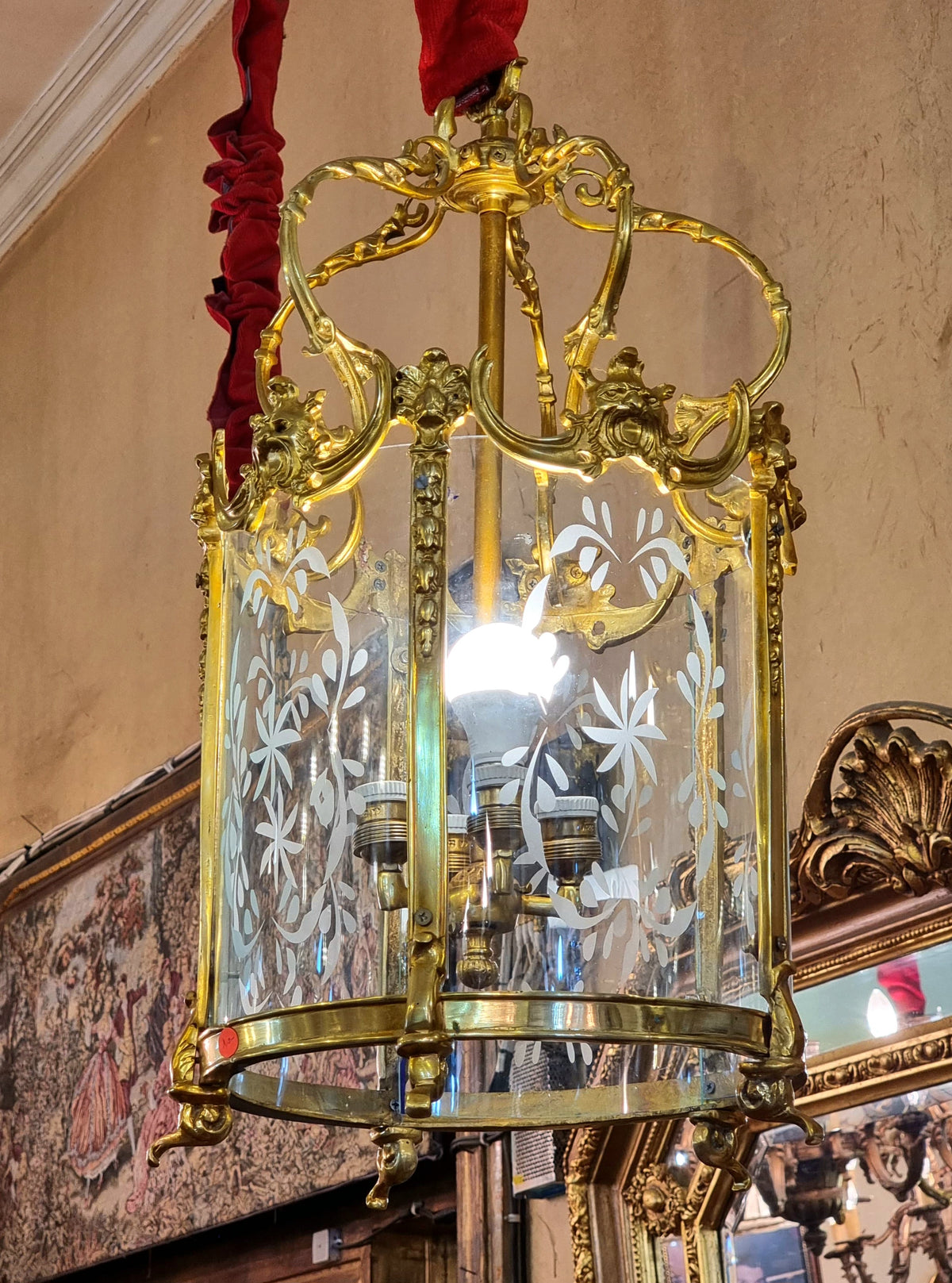 French Empire-Style Gilded Lantern Chandelier – Ornate Bronze Frame, Gold Leaf Details & Glass Panels