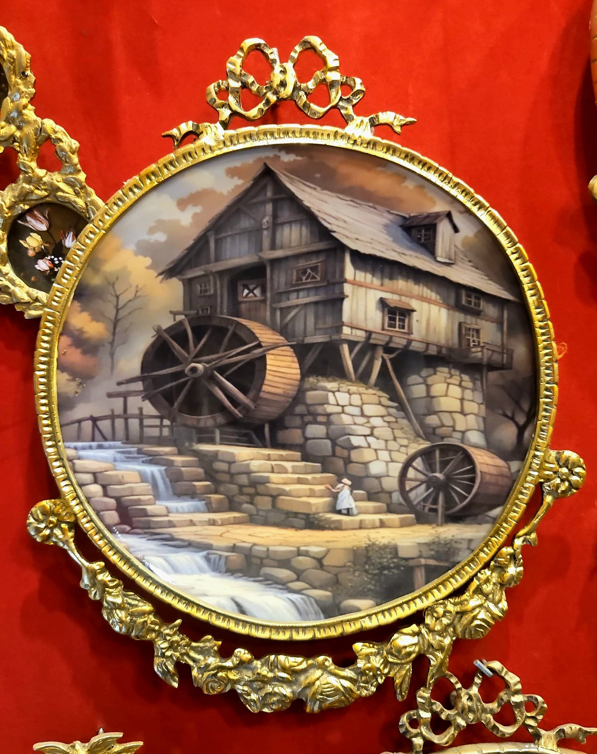 French-Style Round Wall Decor – Scenic Mill Waterwheel Scene with Ornate Gold Leaf Frame