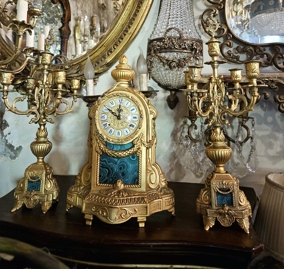 French-Style Marble & Gold Leaf Clock Set – Ornate Mantel Clock with Matching Candelabras