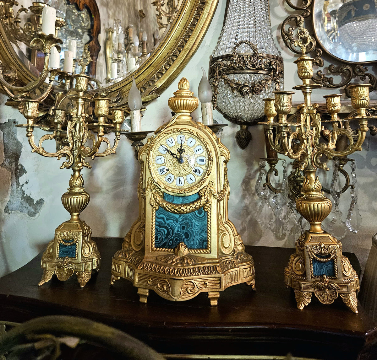 French-Style Marble & Gold Leaf Clock Set – Ornate Mantel Clock with Matching Candelabras