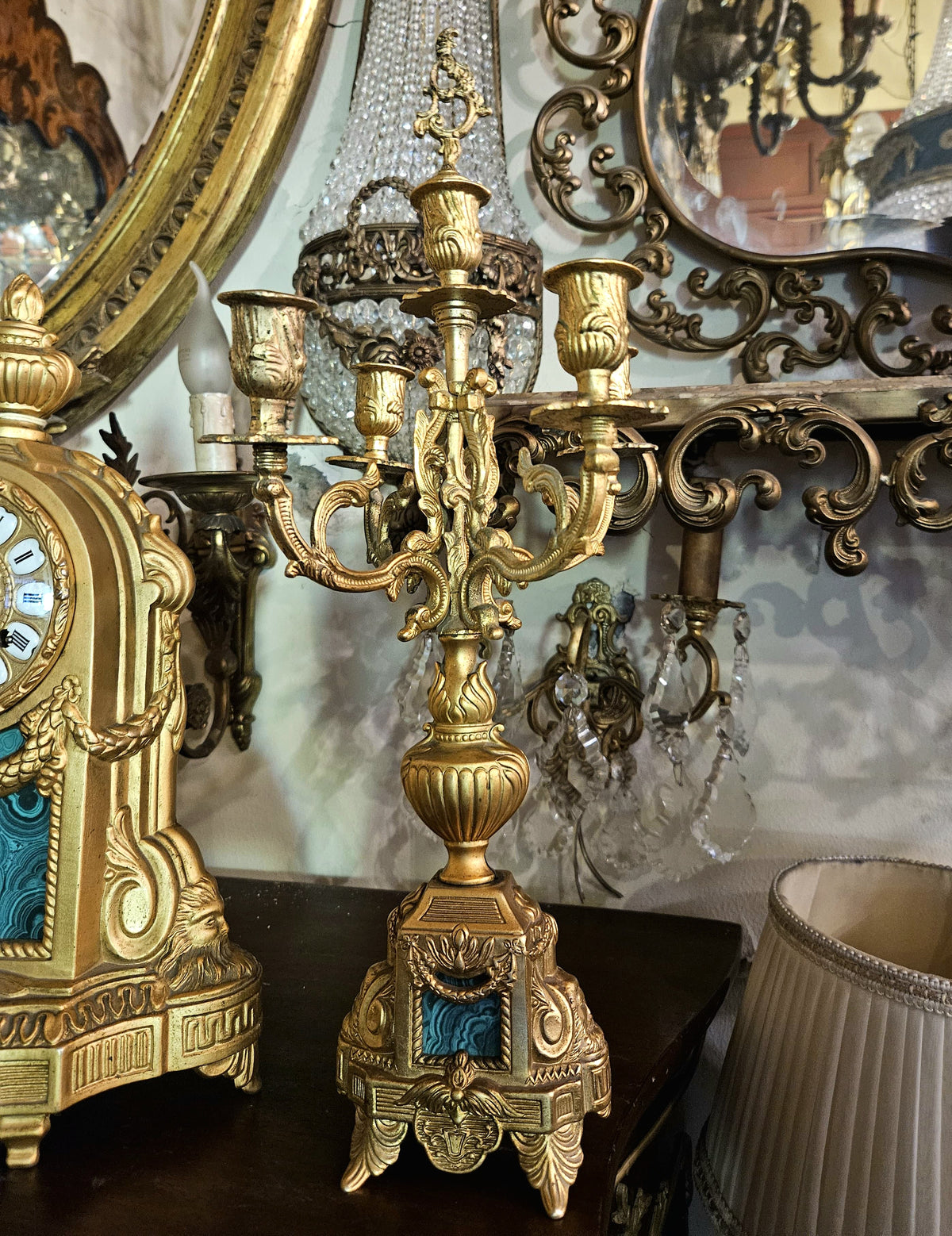 French-Style Marble & Gold Leaf Clock Set – Ornate Mantel Clock with Matching Candelabras