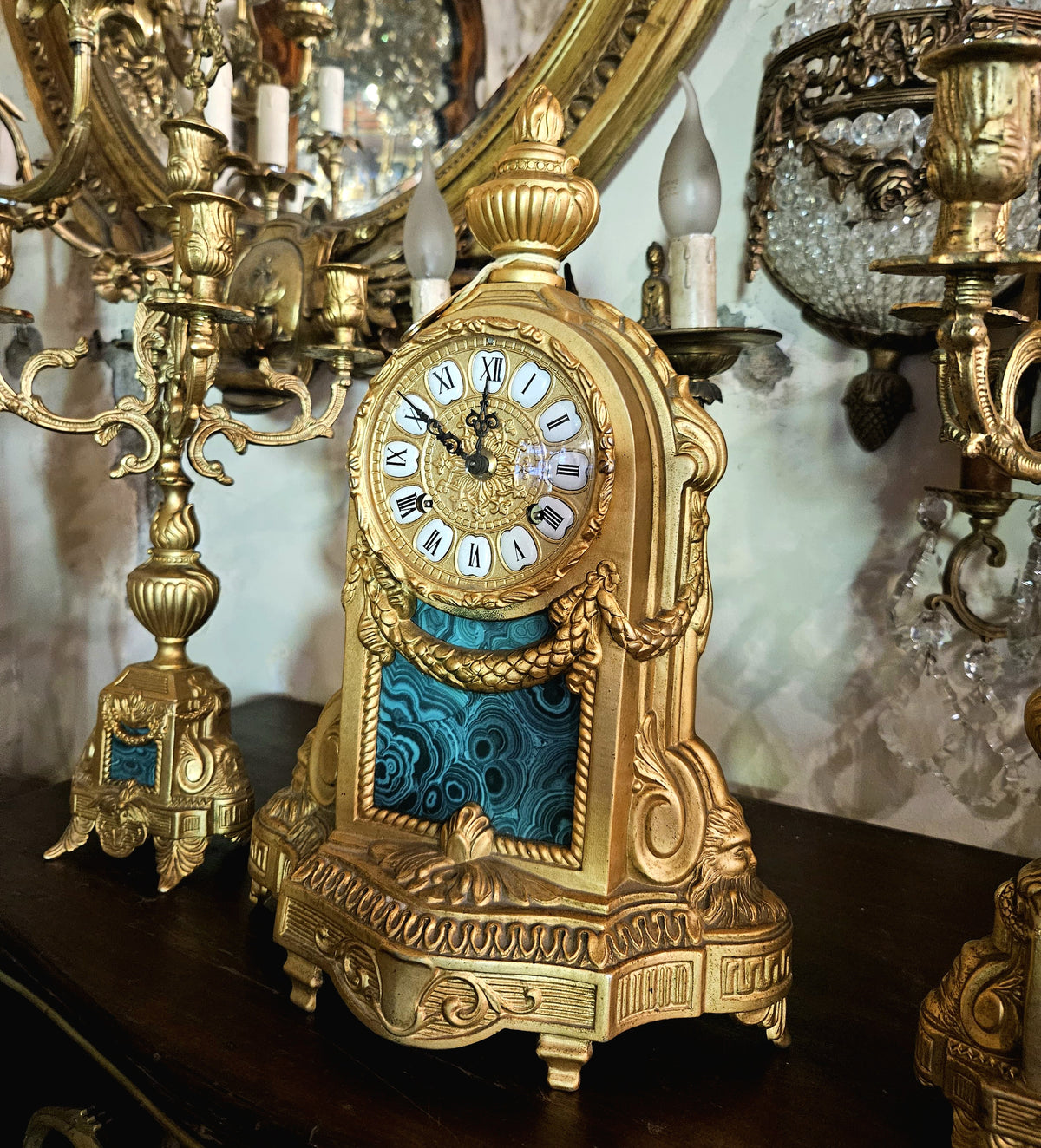 French-Style Marble & Gold Leaf Clock Set – Ornate Mantel Clock with Matching Candelabras