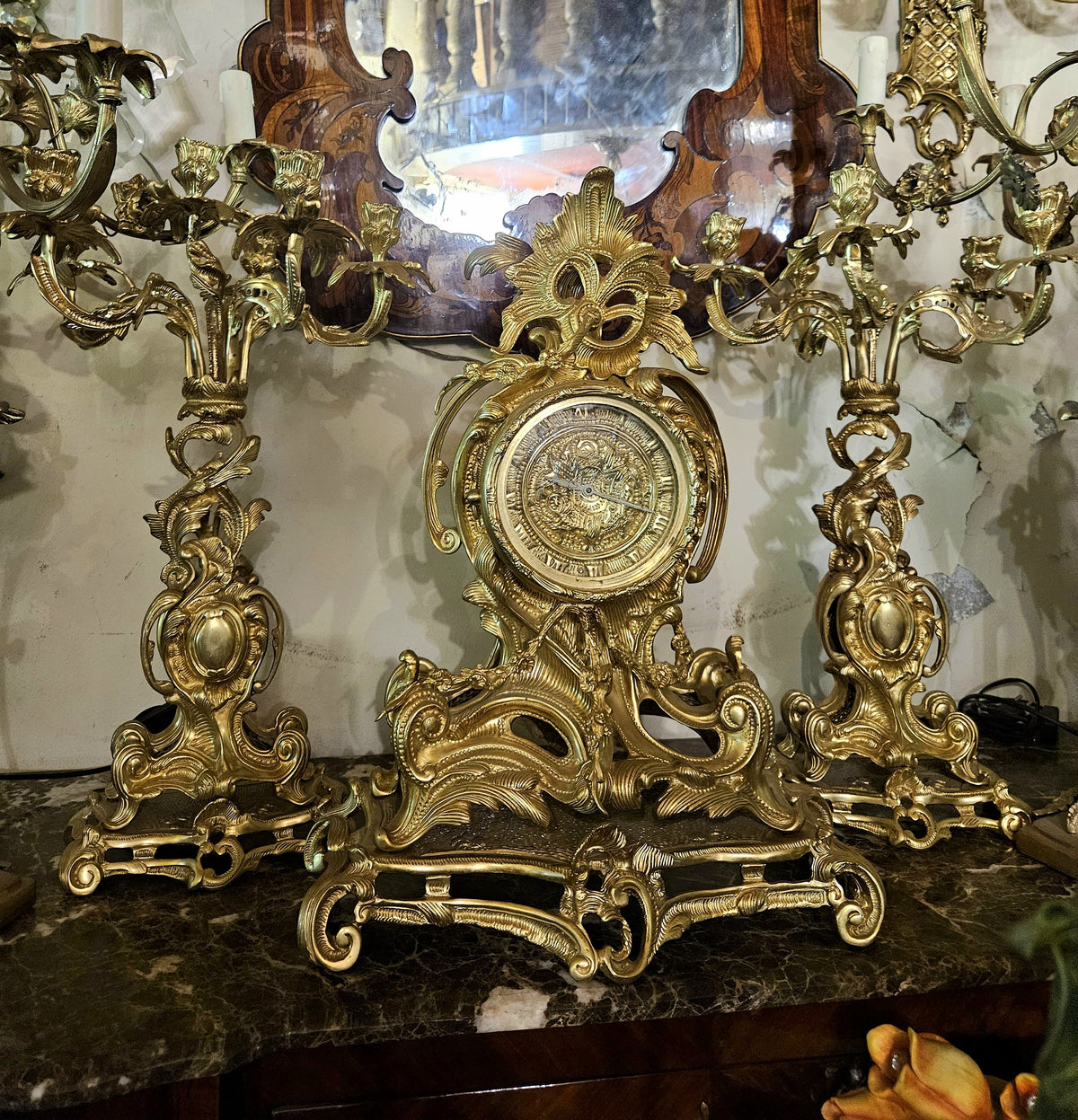 French-Style Gilded Clock & Candelabra Set – Ornate Gold Leaf Mantel Clock with Matching Candleholders
