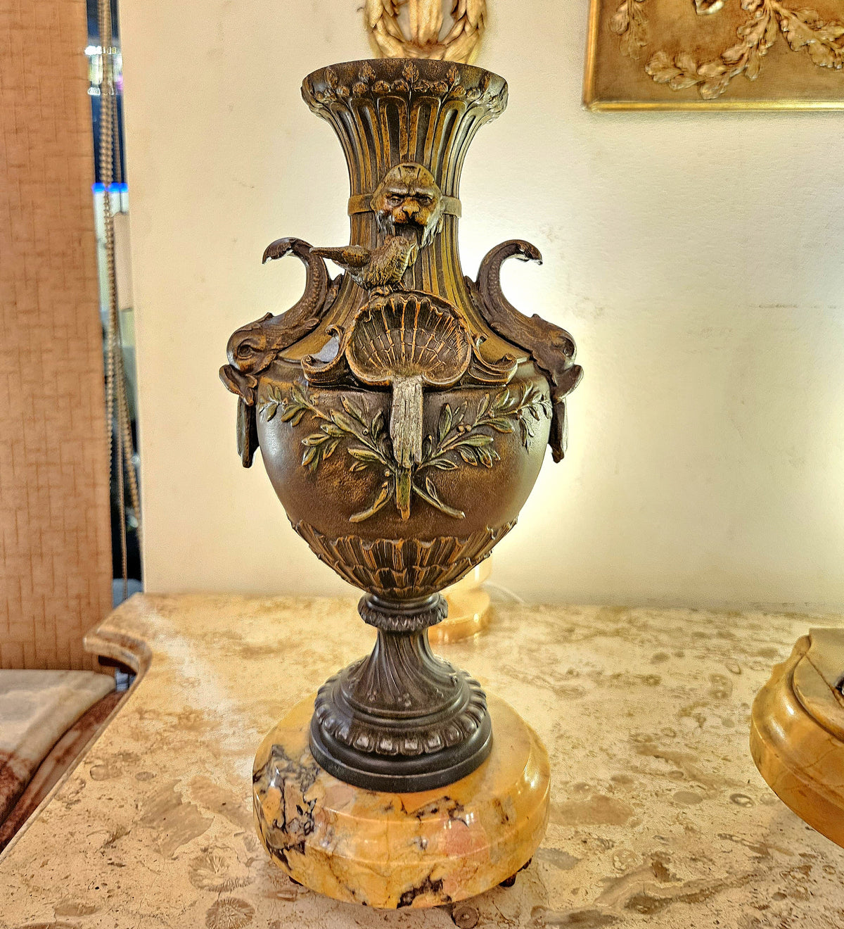 Ornate French-Style Bronze Vase – Sculptural Floral Details with Marble Base