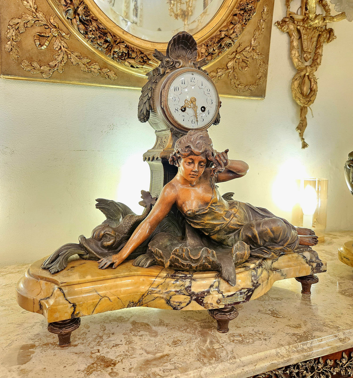 French-Style Sculptural Mantel Clock – Ornate Figure on Marble Base with Gilded Details