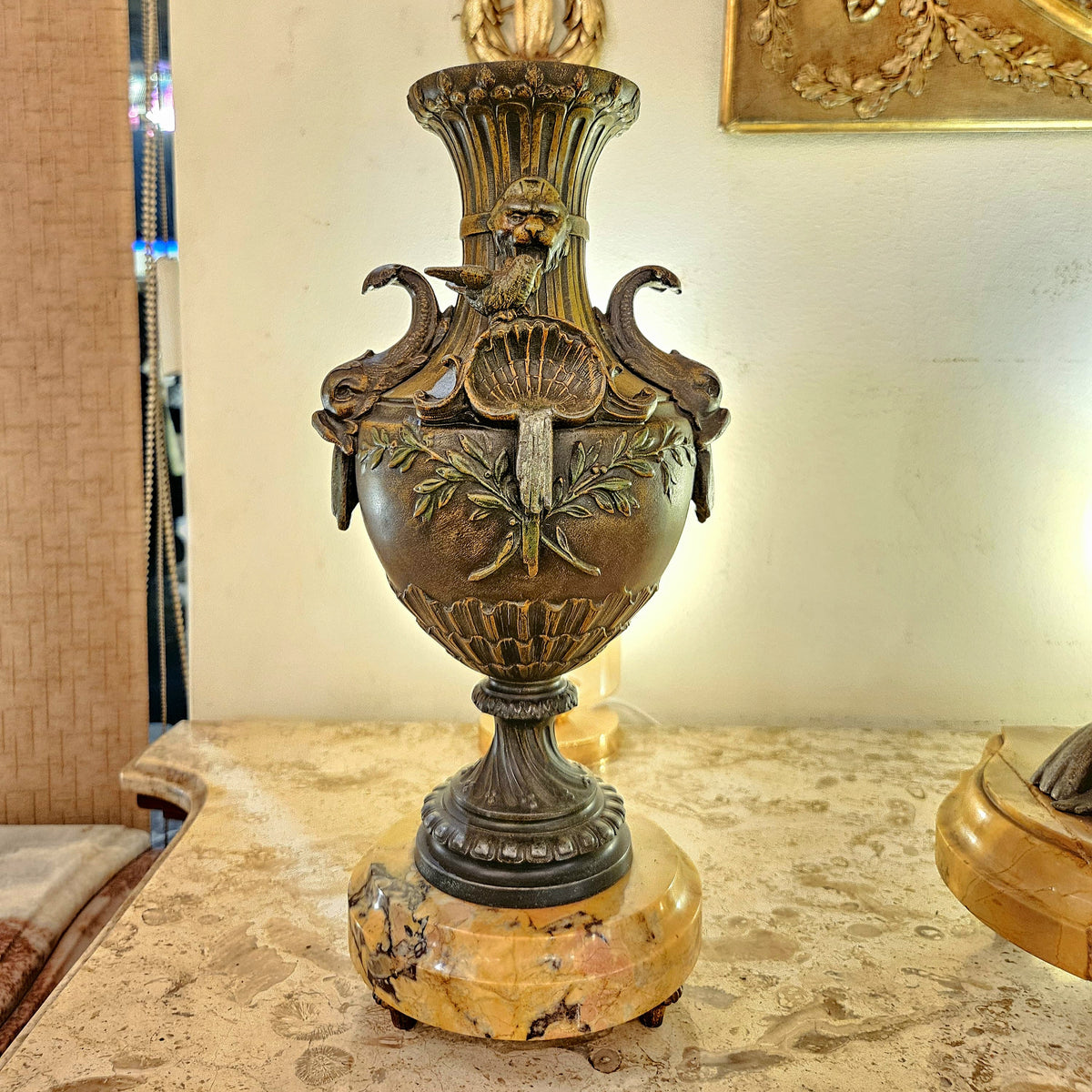 Ornate French-Style Bronze Vase – Sculptural Floral Details with Marble Base