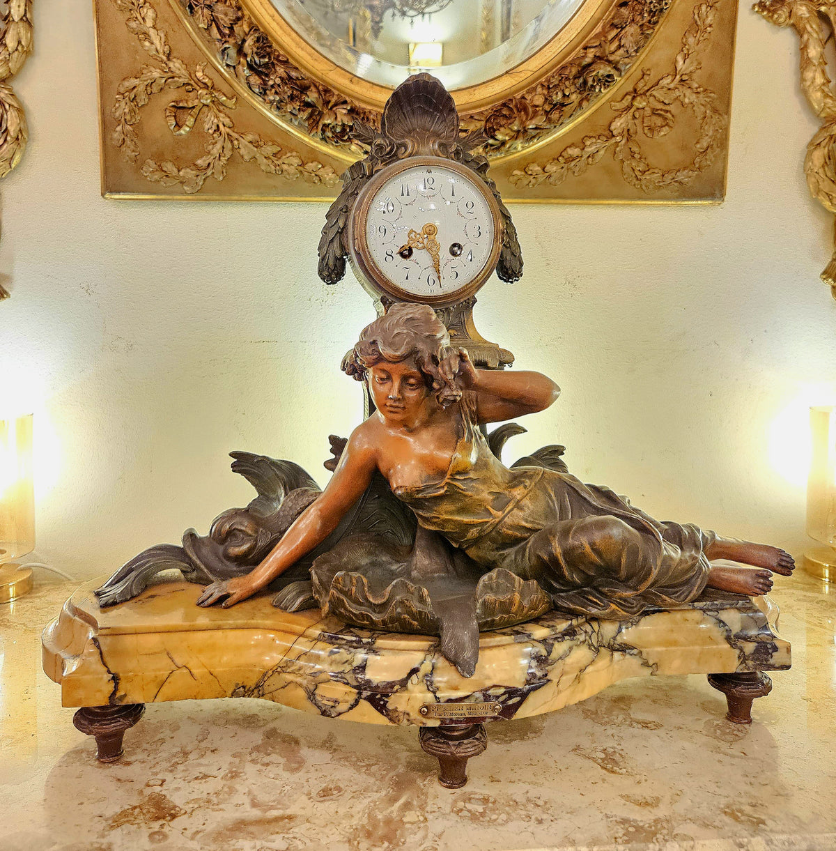 French-Style Sculptural Mantel Clock – Ornate Figure on Marble Base with Gilded Details