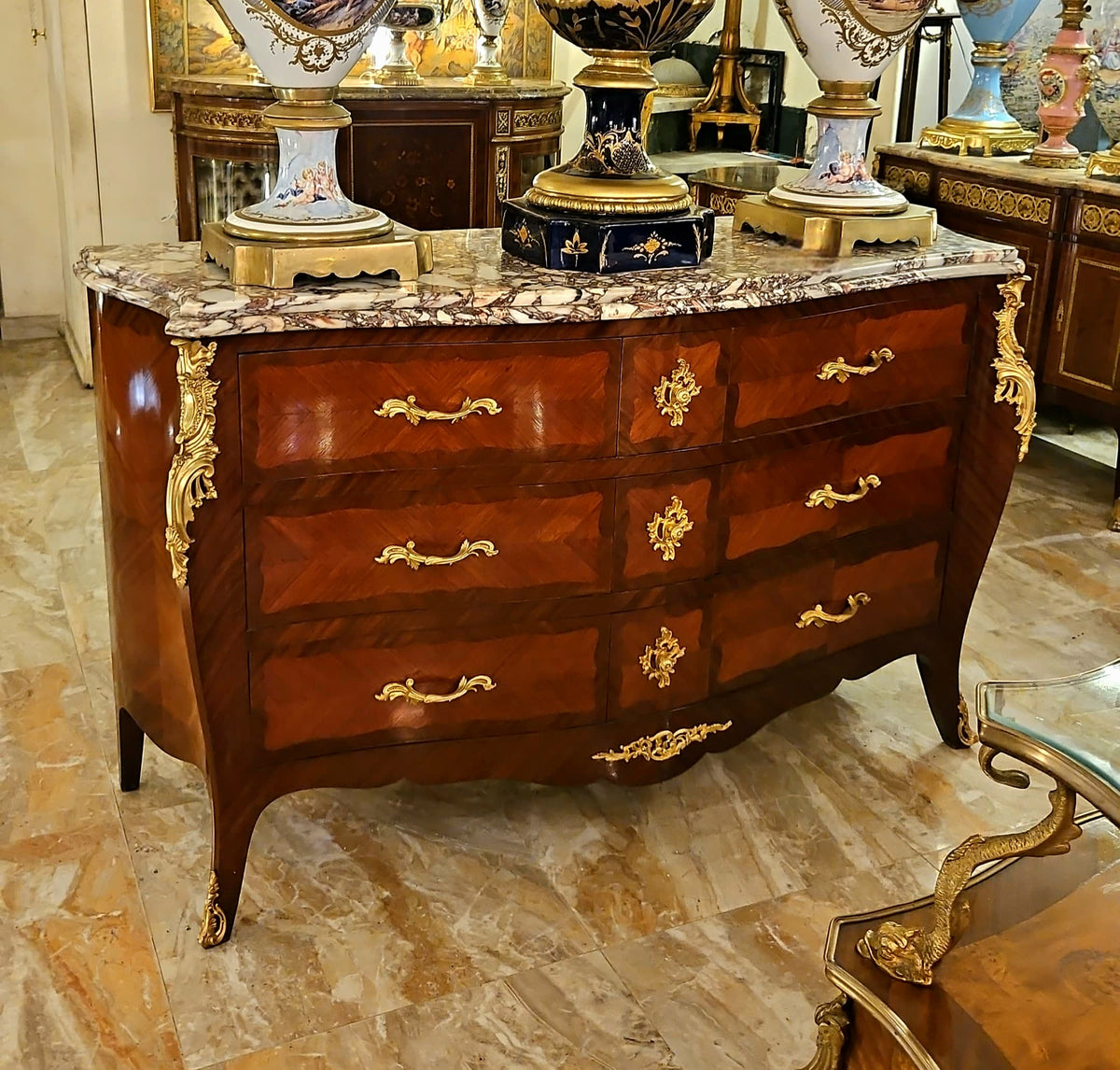 Grand French Louis XV-Style Commode – Large Wood Cabinet with Marble Top, 6 Drawers & Gilded Bronze Details