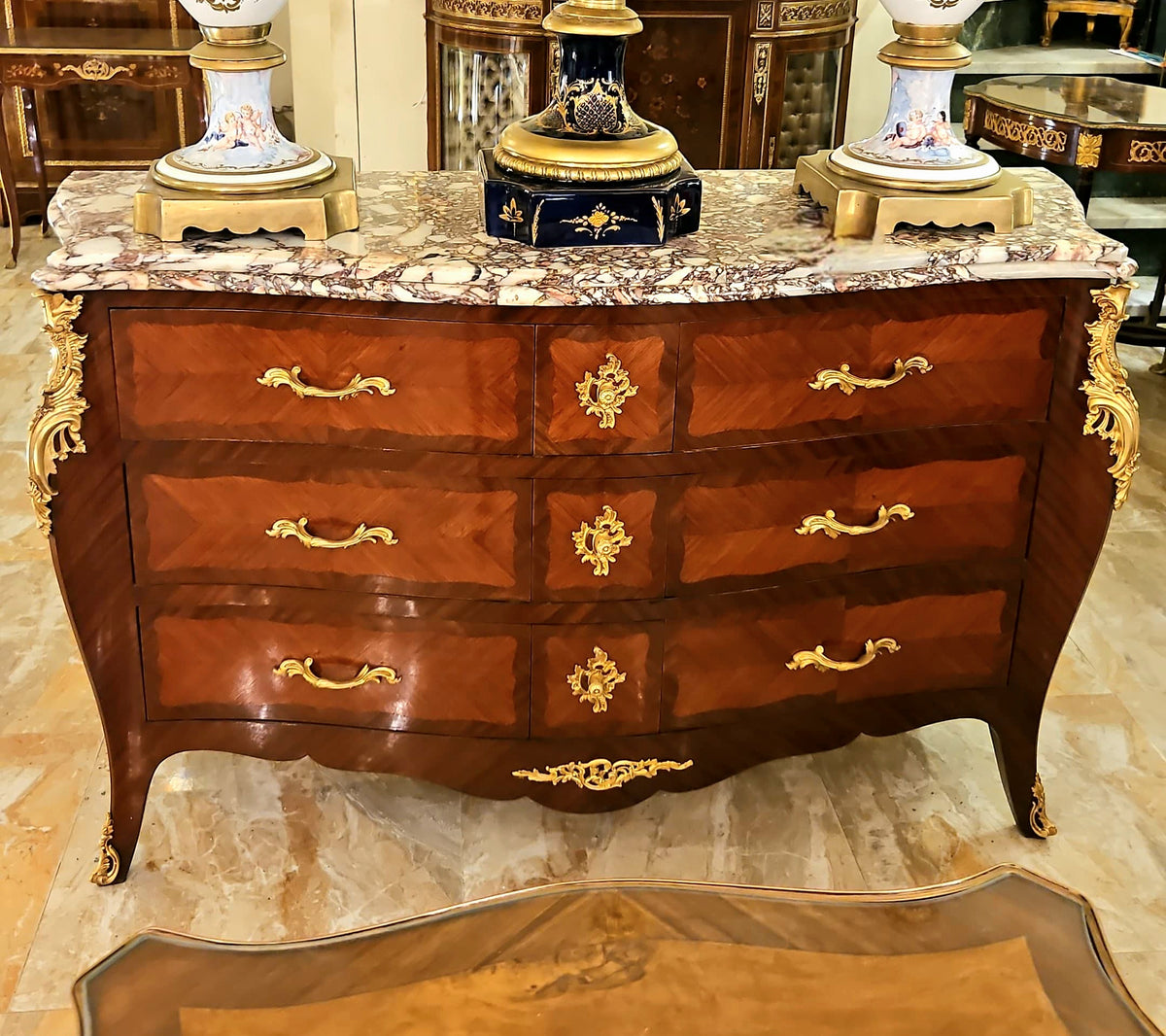Grand French Louis XV-Style Commode – Large Wood Cabinet with Marble Top, 6 Drawers & Gilded Bronze Details