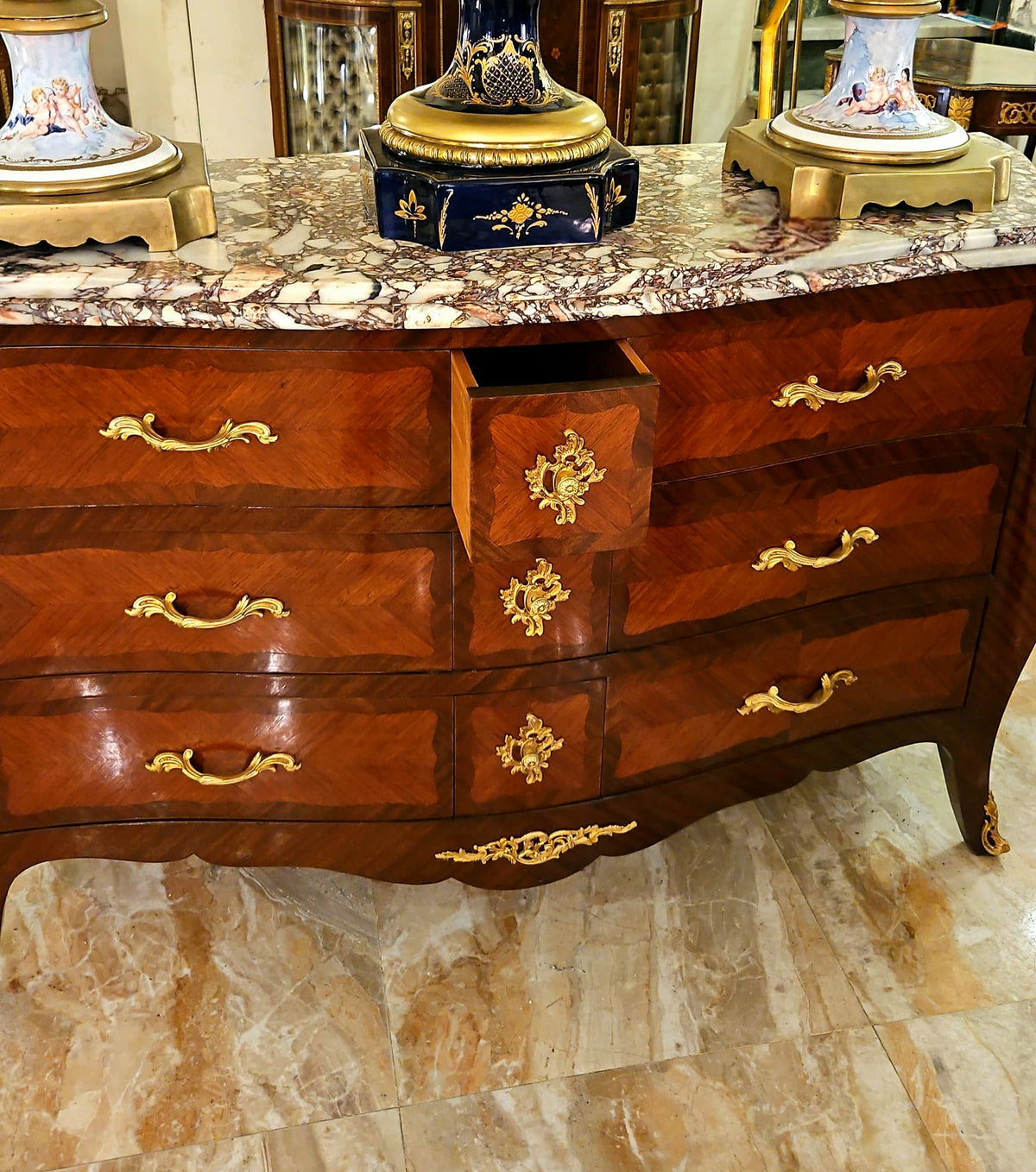 Grand French Louis XV-Style Commode – Large Wood Cabinet with Marble Top, 6 Drawers & Gilded Bronze Details