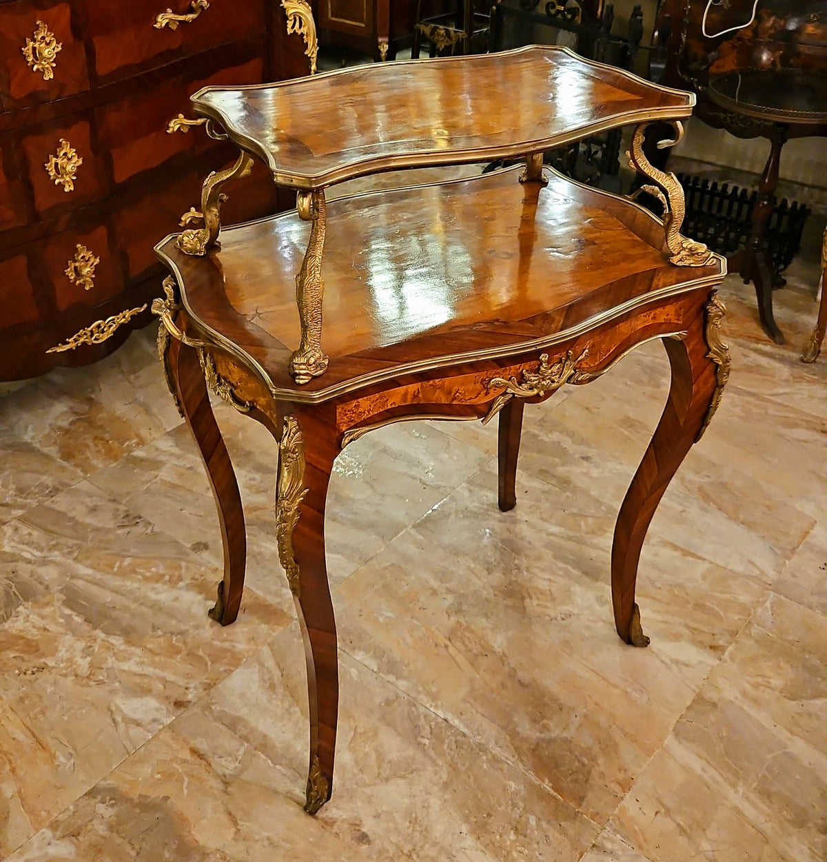 French-Style Serving Table – Rich Wood Finish, Glass Top & Ornate Gold Leaf Details