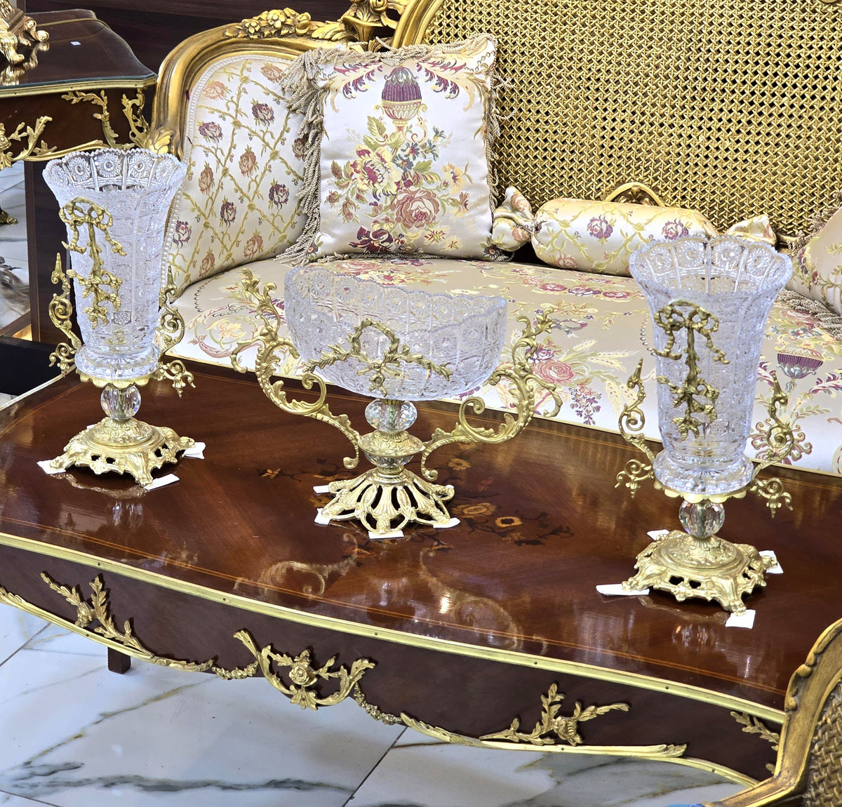 French-Style Crystal & Gold Leaf Decorative Set – 3-Piece Collection with Ornate Gilded Details