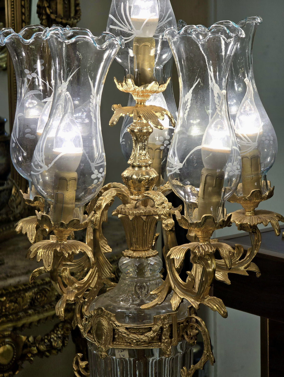French-Inspired Five-Light Candelabra Lamp – Crystal Glass Shades with Gilded Bronze & Gold Leaf Details