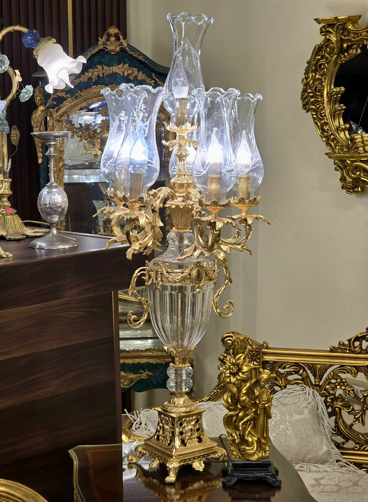 French-Inspired Five-Light Candelabra Lamp – Crystal Glass Shades with Gilded Bronze & Gold Leaf Details
