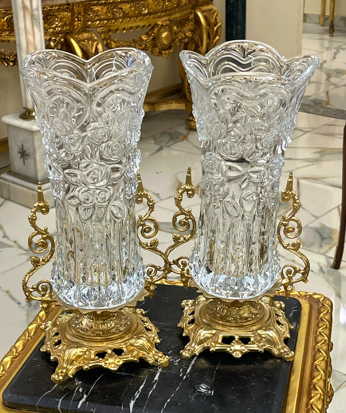French-Style Crystal Candle Holder Set of 2 – Ornate Gold Leaf Bases & Decorative Details