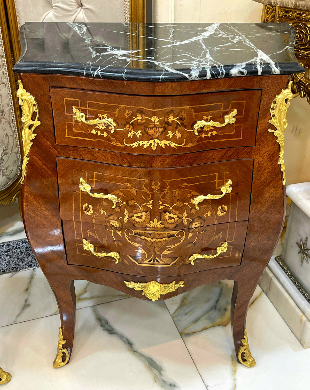 French-Inspired Marquetry Nightstand – 3 Drawers, Gilded Details & Marble Top