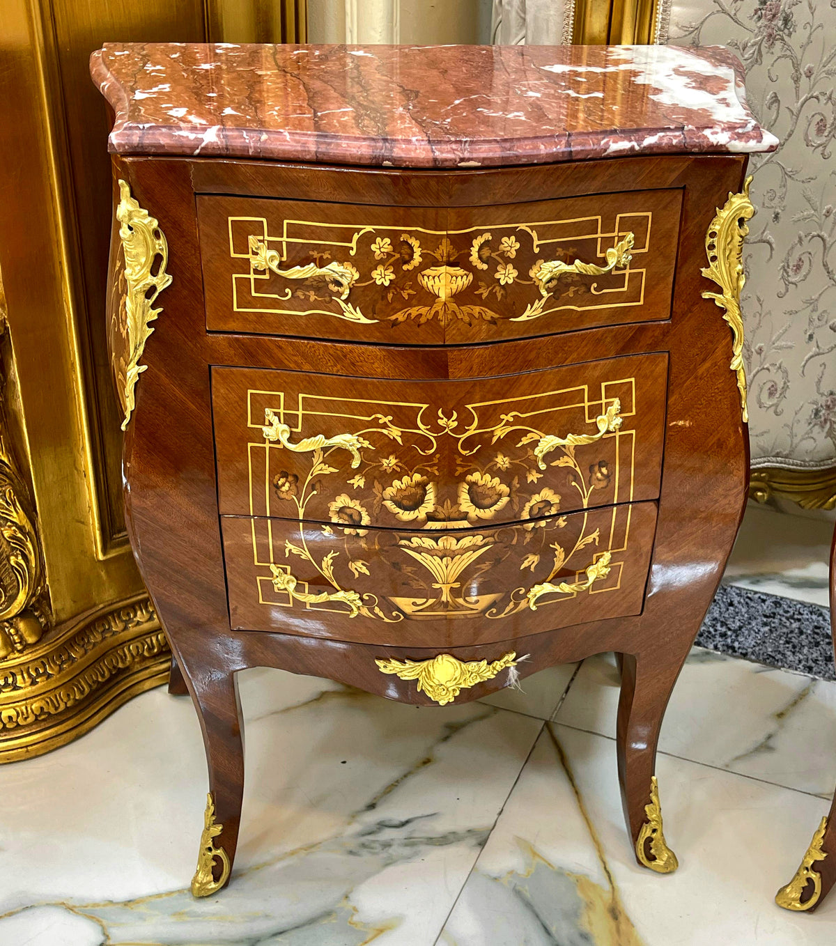 French-Style Marquetry Nightstand – Three Spacious Drawers, Gold Leaf Details & Marble Top