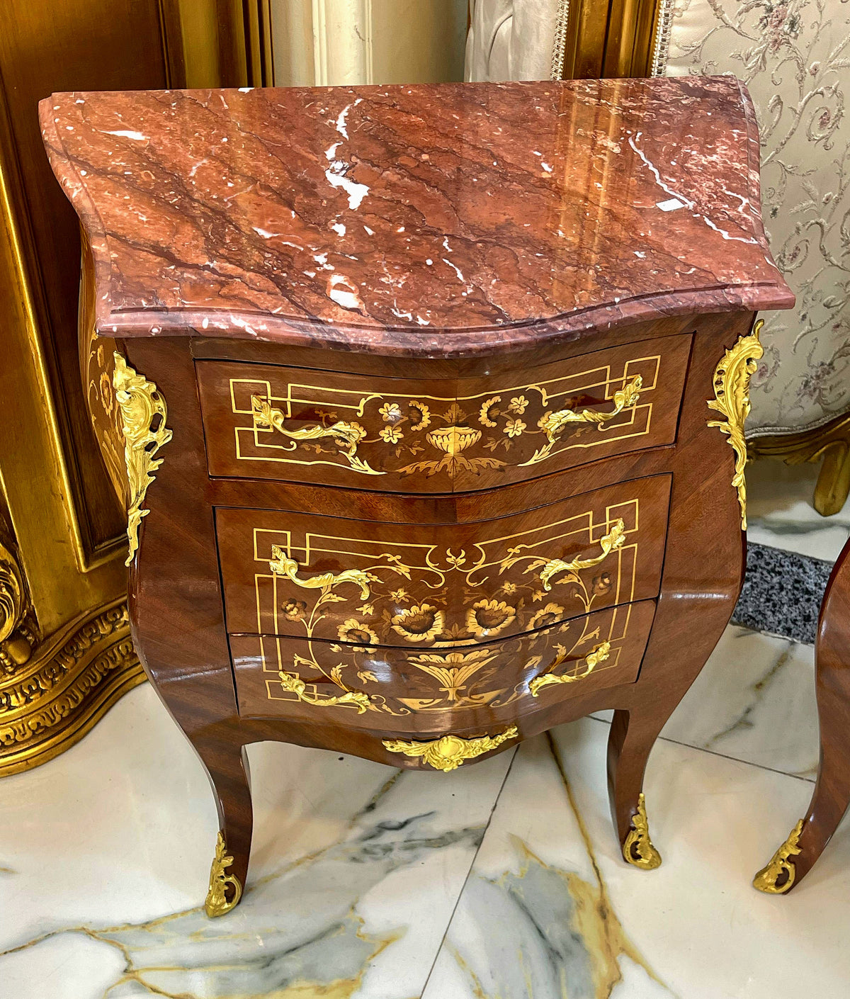 French-Style Marquetry Nightstand – Three Spacious Drawers, Gold Leaf Details & Marble Top