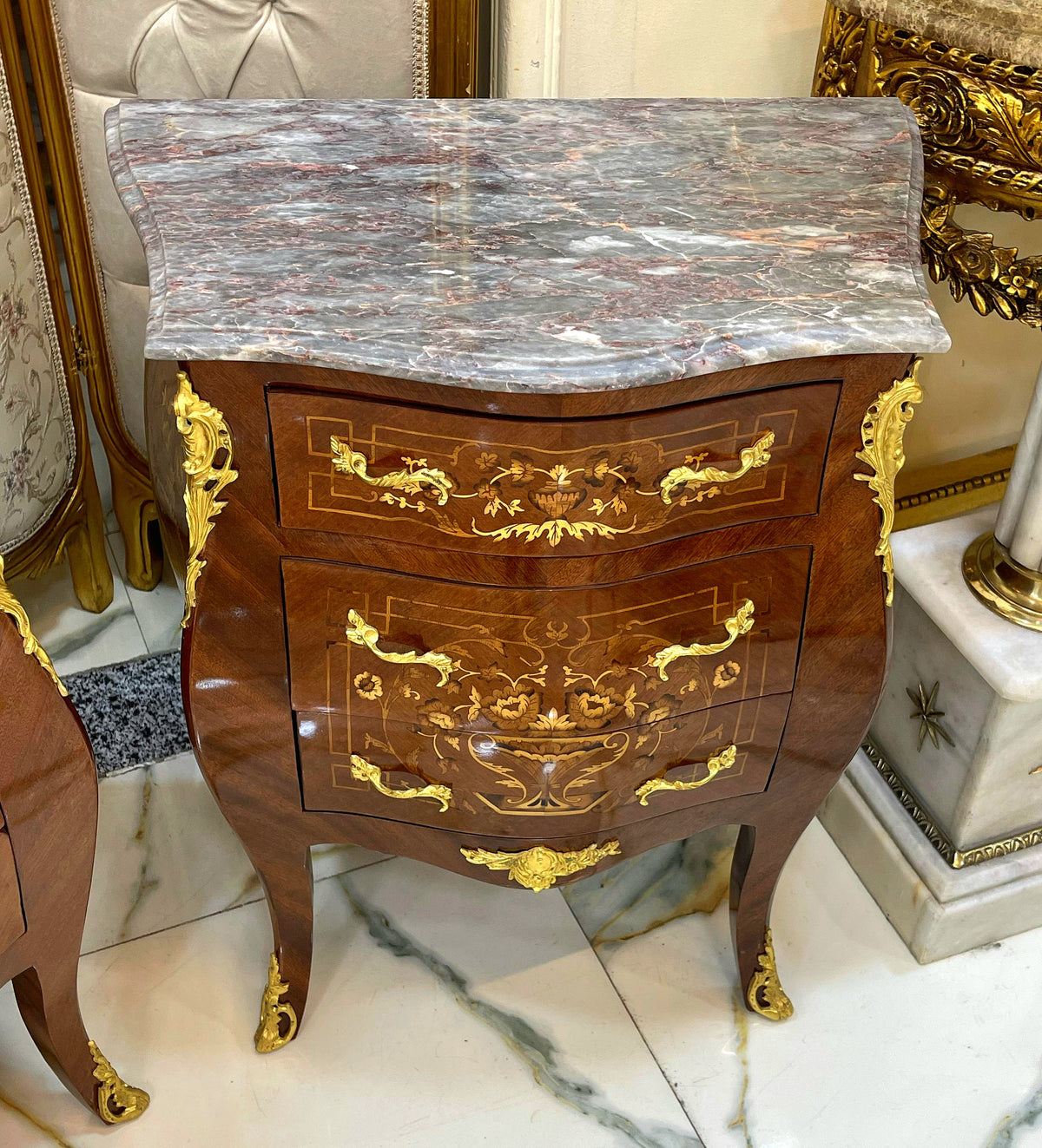 Elegant French-Style Bedside Cabinet – Floral Marquetry, Gilded Accents & Marble Top