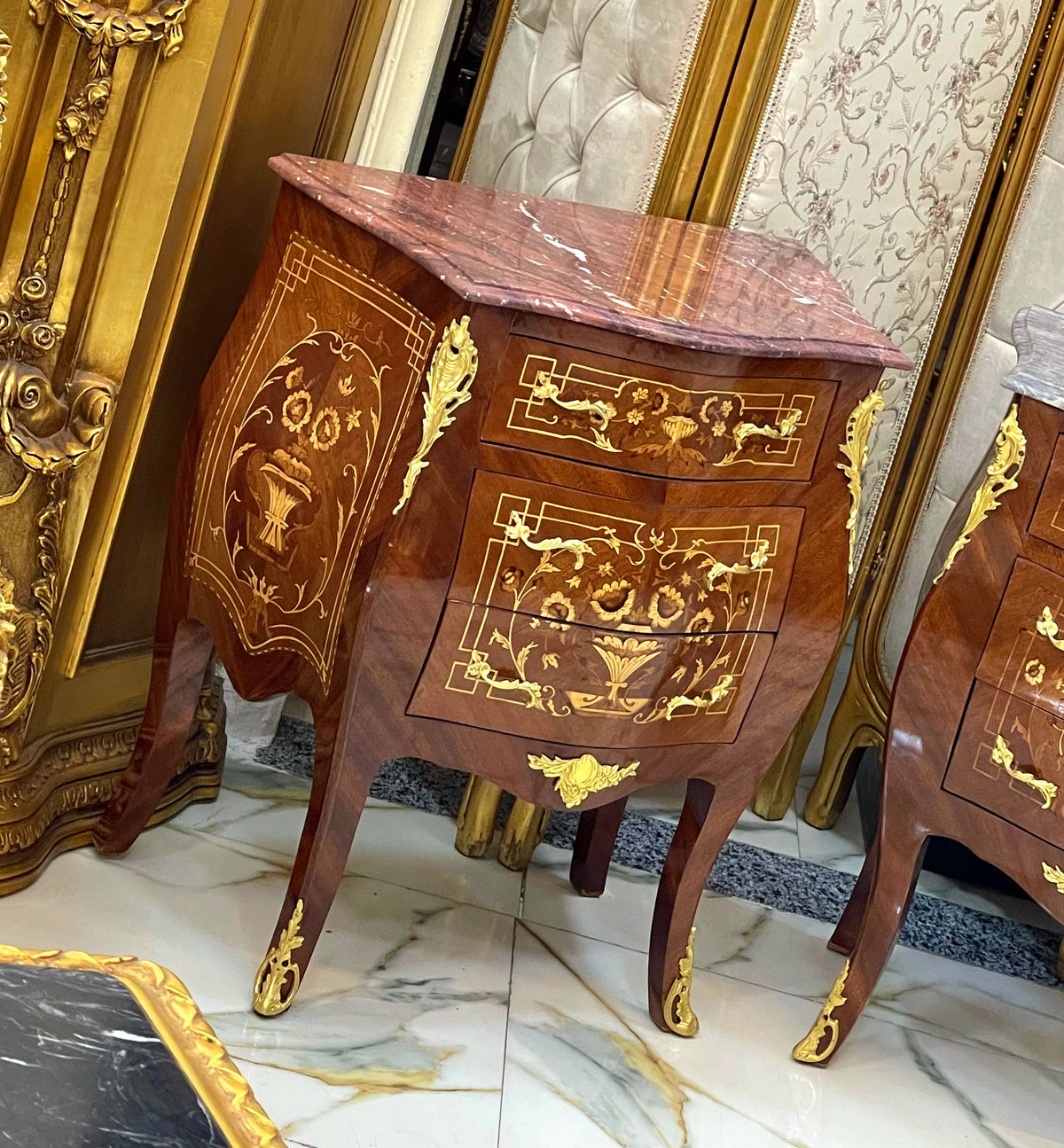 French-Style Marquetry Nightstand – Three Spacious Drawers, Gold Leaf Details & Marble Top