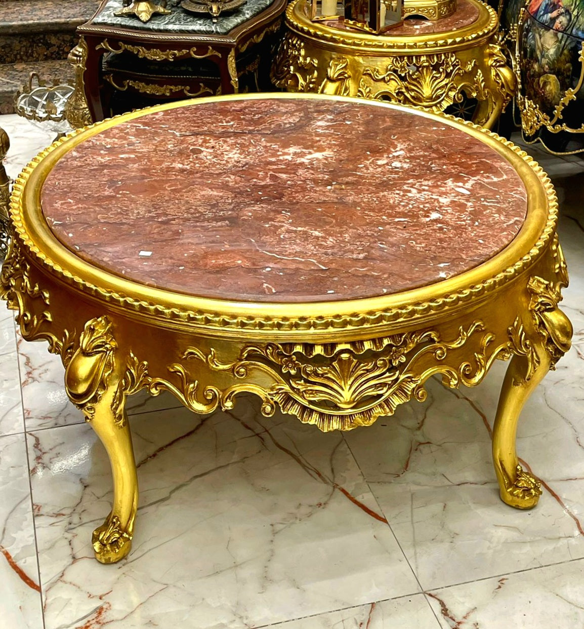 French-Style Round Coffee Table – Large Marble Top with Ornate Gold Leaf Frame & Carved Details