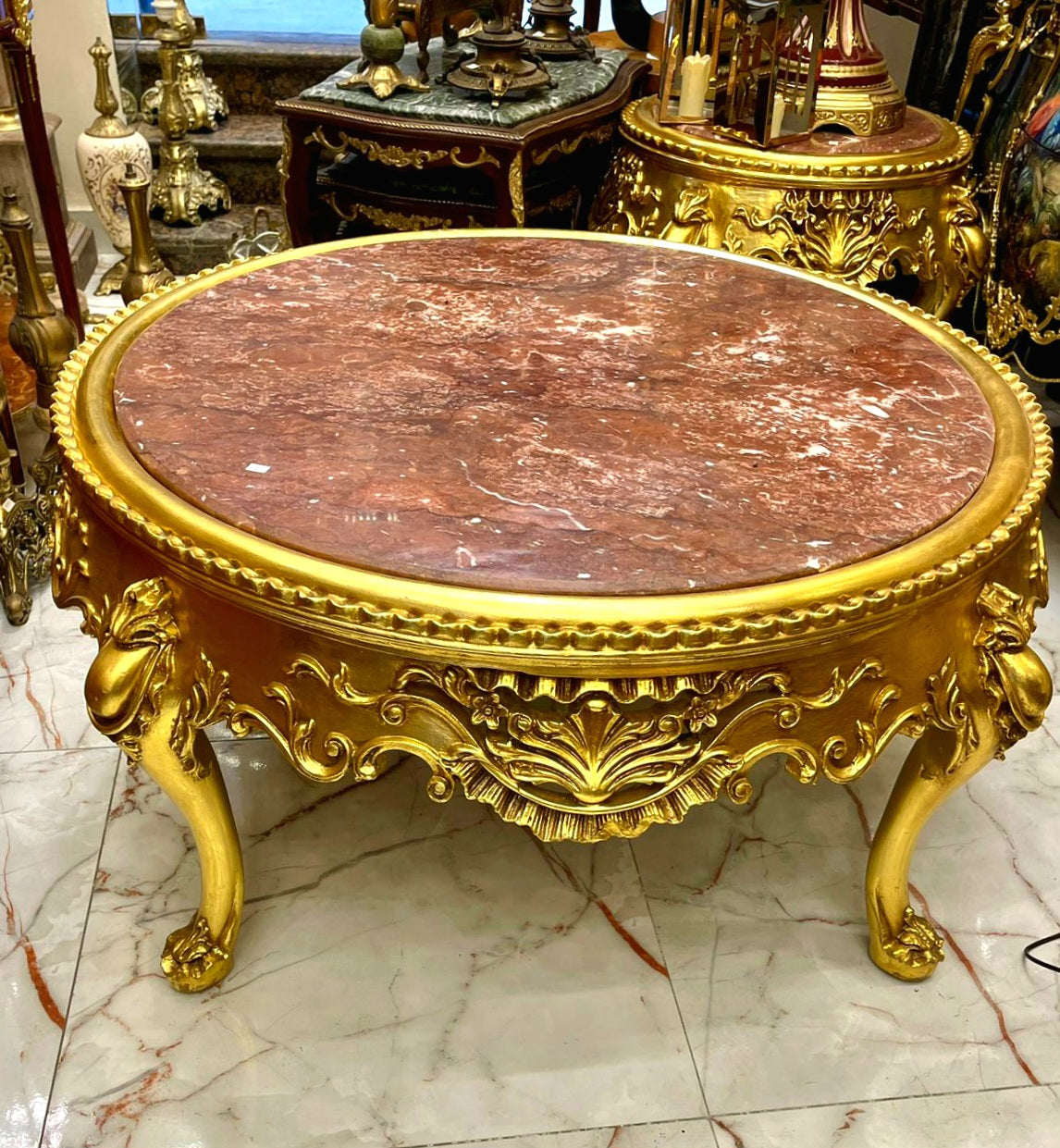 French-Style Round Coffee Table – Large Marble Top with Ornate Gold Leaf Frame & Carved Details