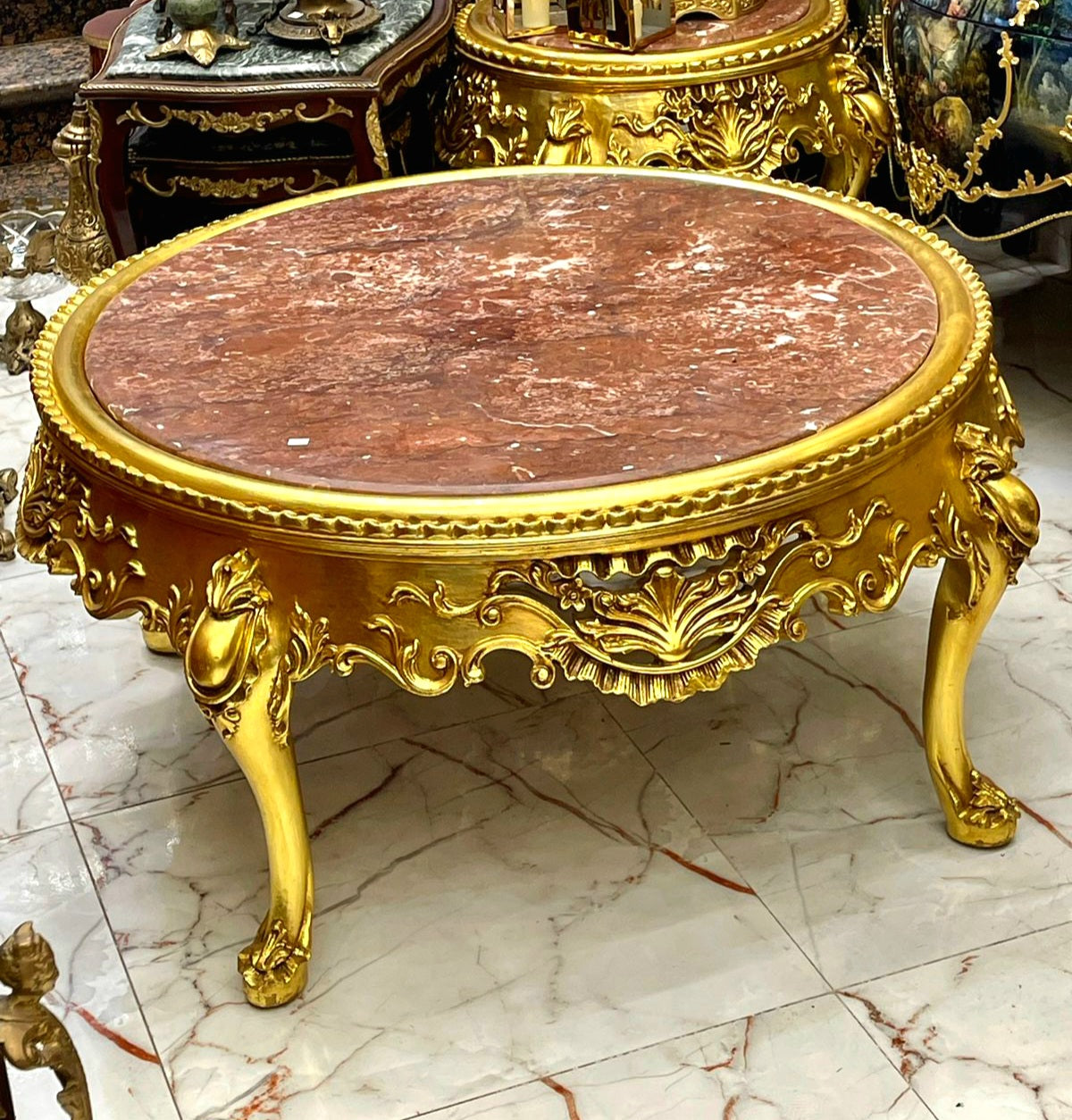 French-Style Round Coffee Table – Large Marble Top with Ornate Gold Leaf Frame & Carved Details