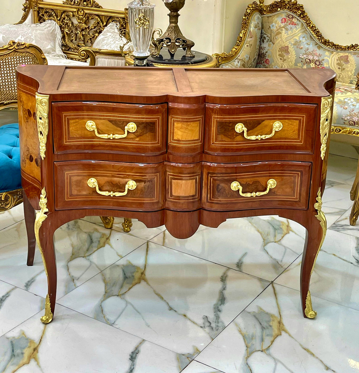 French-Style Wood Commode – Rich Wood Finish, Gold Leaf Details & Two Large Drawers
