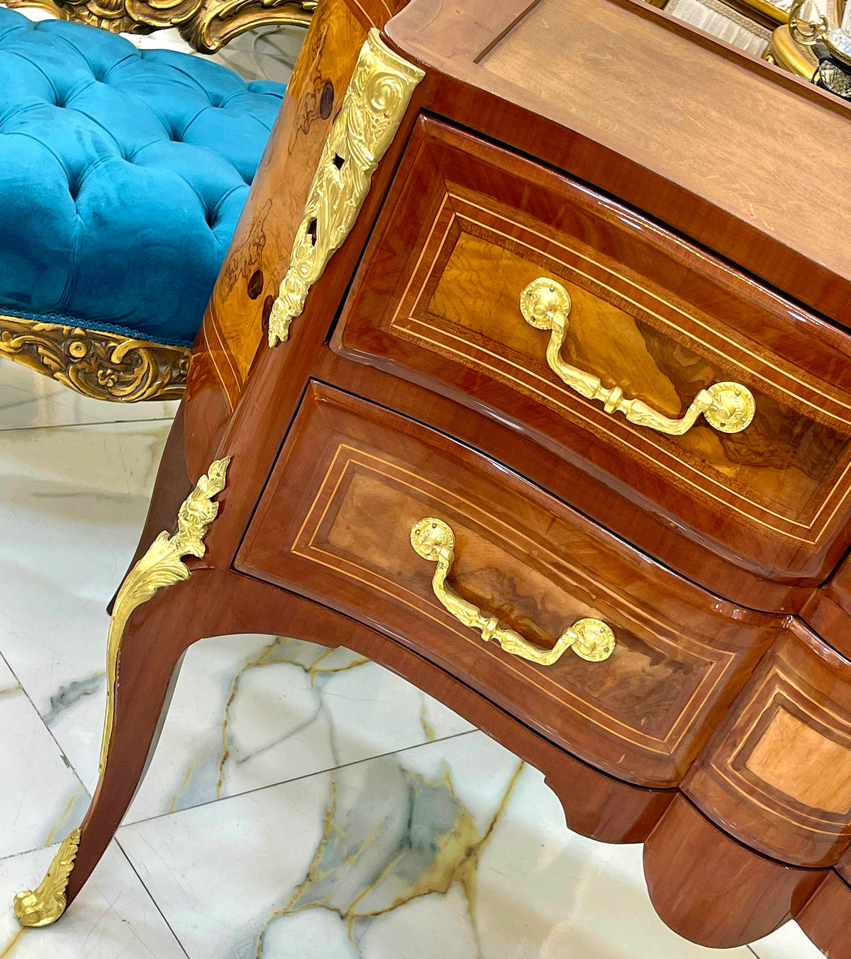 French-Style Wood Commode – Rich Wood Finish, Gold Leaf Details & Two Large Drawers