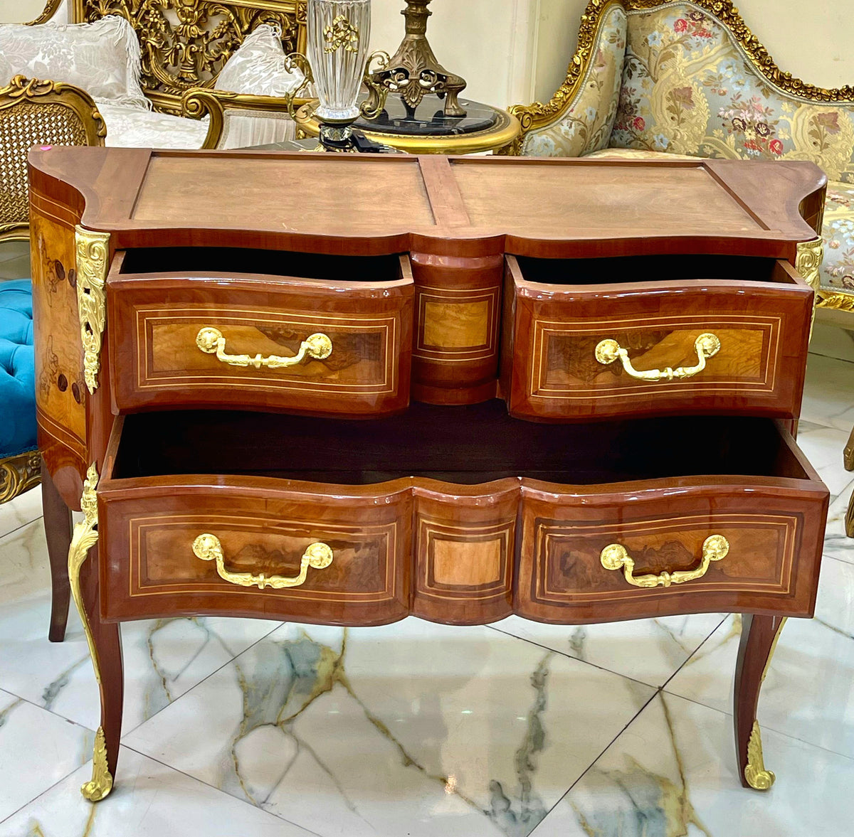 French-Style Wood Commode – Rich Wood Finish, Gold Leaf Details & Two Large Drawers