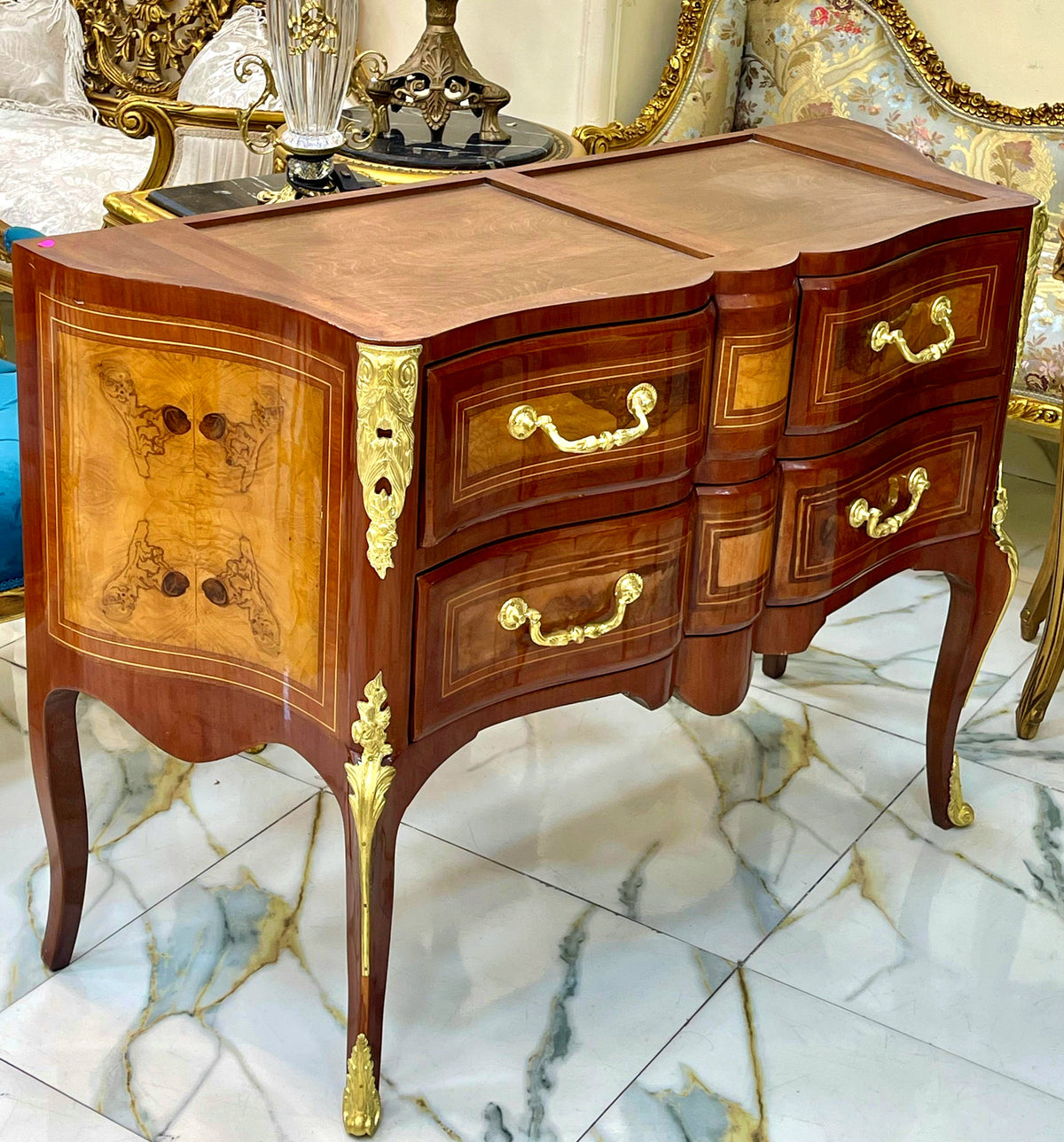 French-Style Wood Commode – Rich Wood Finish, Gold Leaf Details & Two Large Drawers