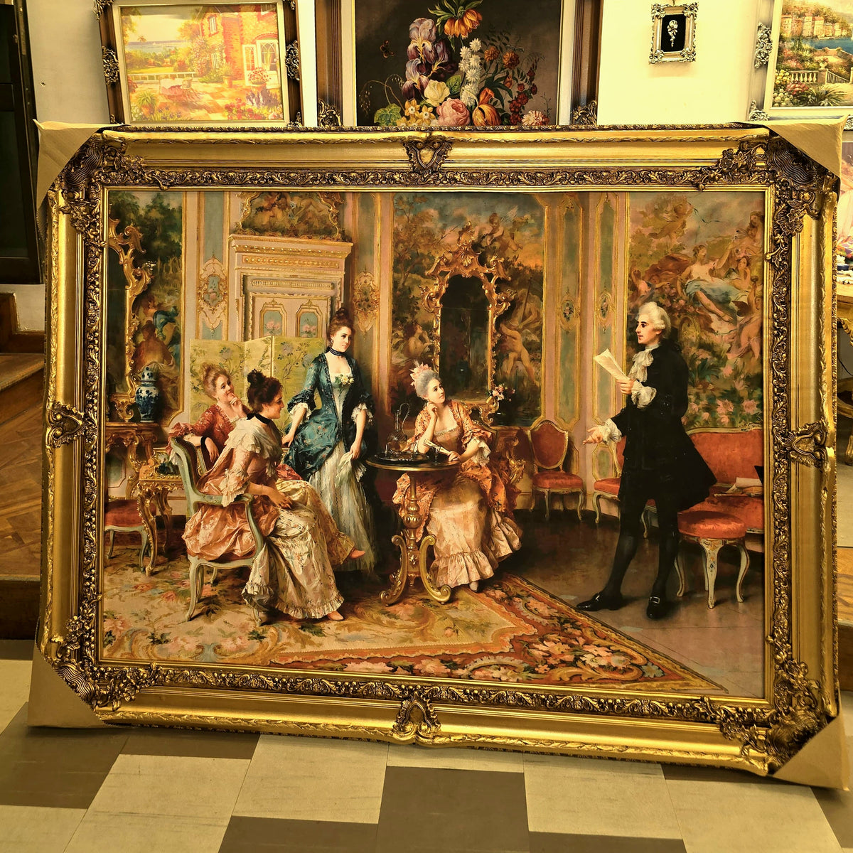 Grand European-Style Decorative Wall Art – Romantic Interior Scene Print with Ornate Gold Leaf Frame