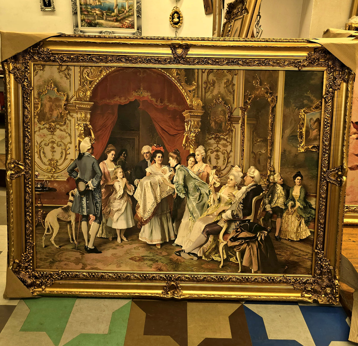 French Rococo-Style Salon Scene Print – 18th-Century Aristocratic Gathering with Ornate Gold Leaf Frame