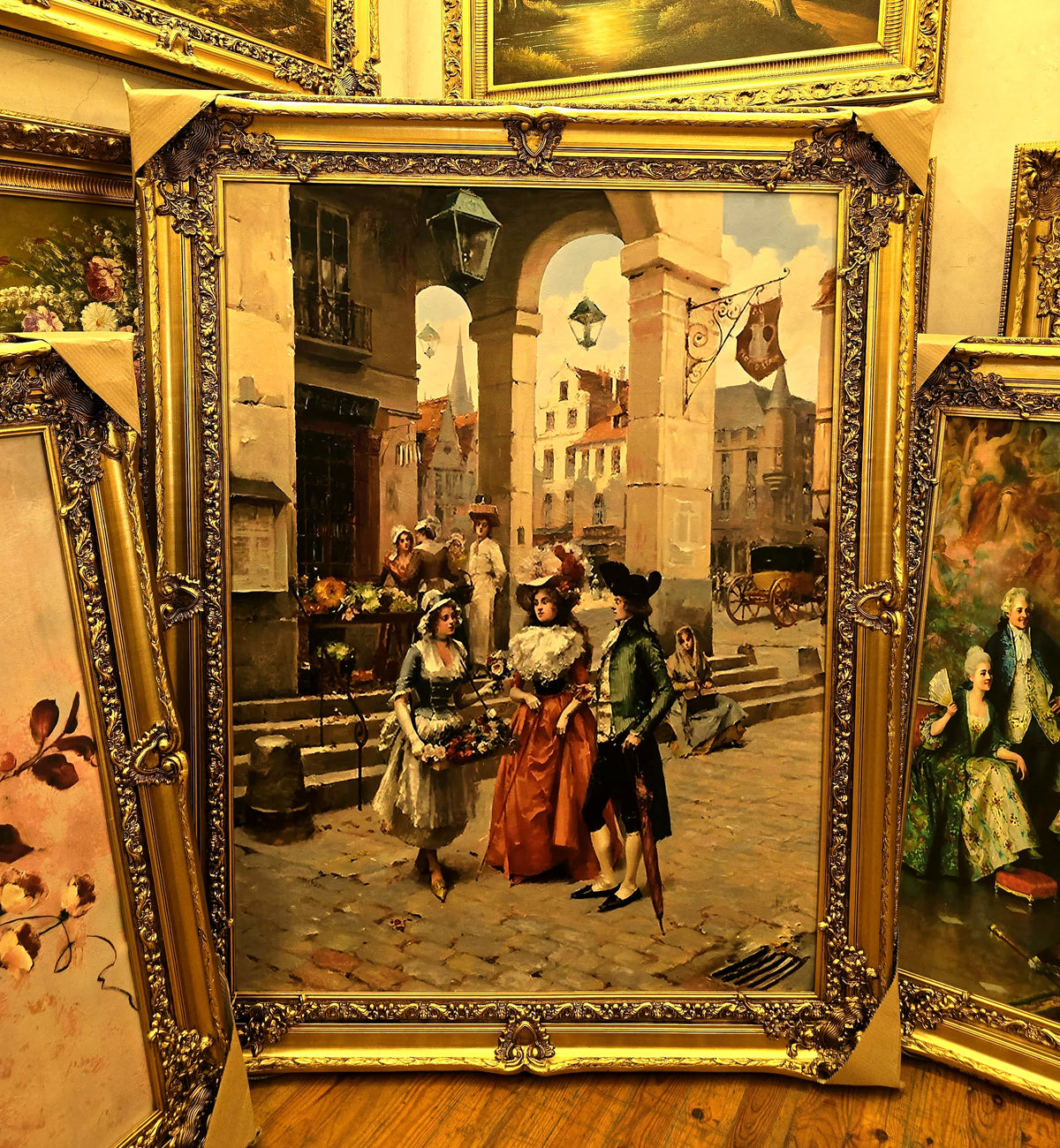 French-Style European Street Scene Artwork – Elegant Figures in a Historic Plaza with Gold Leaf Frame