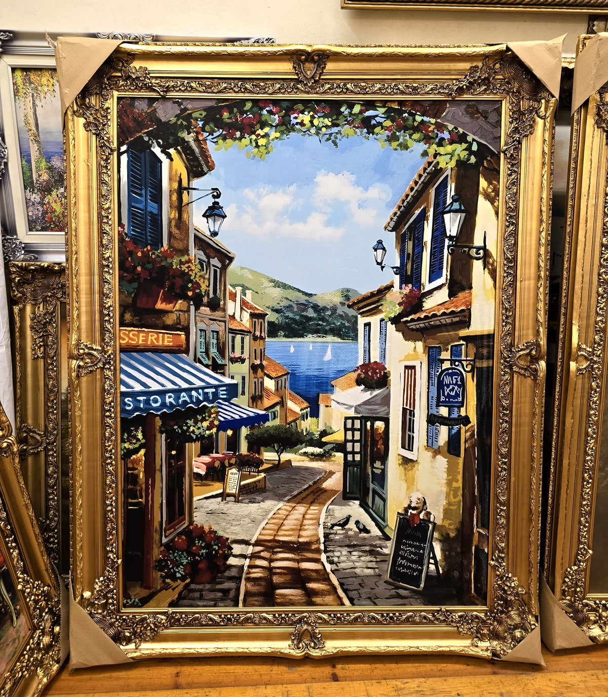 European Coastal Village Street Scene Artwork – Scenic Landscape with Ornate Gold Leaf Frame